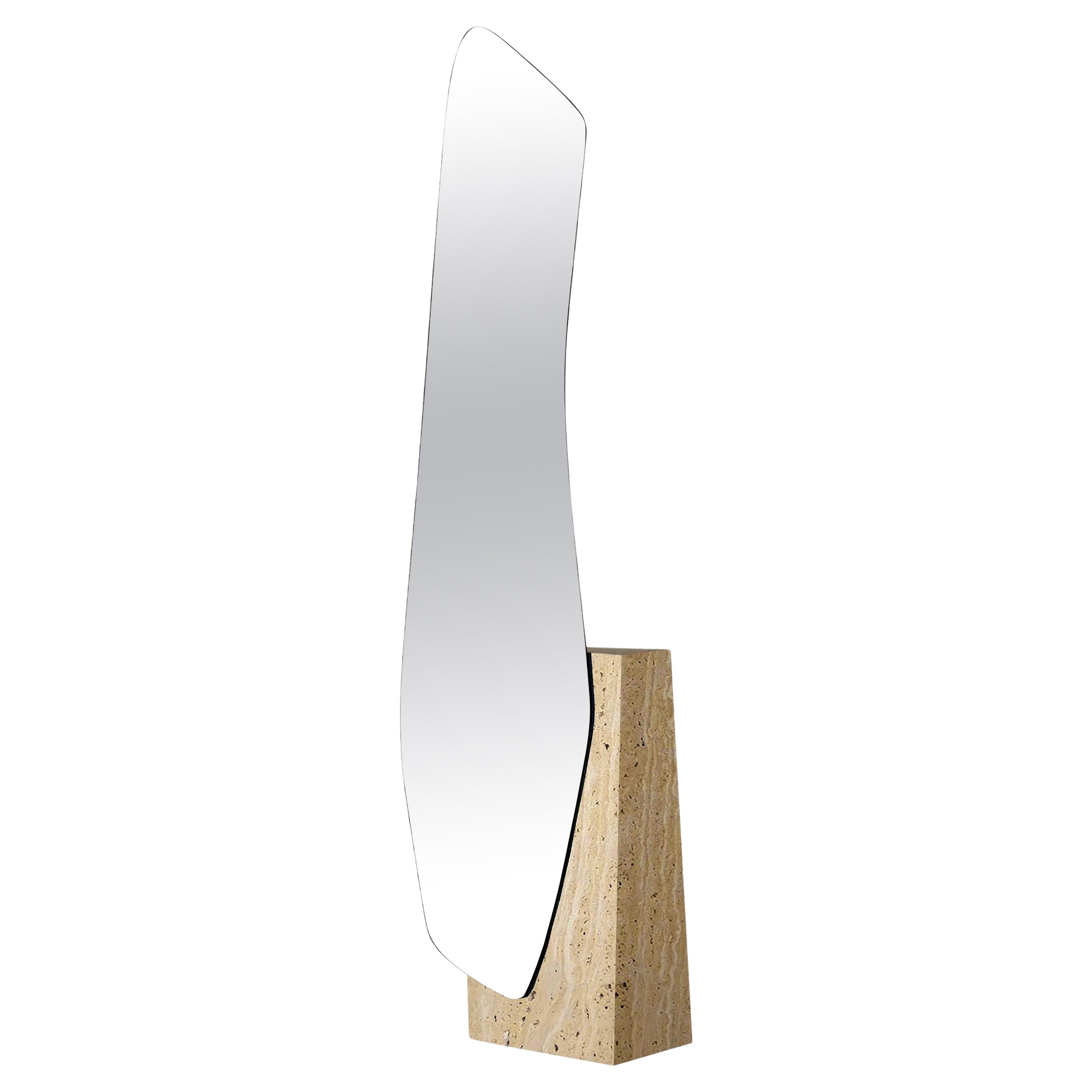 Contemporary Floor Mirror Lake 5 with Travertino Chiaro Classic Base by Noom