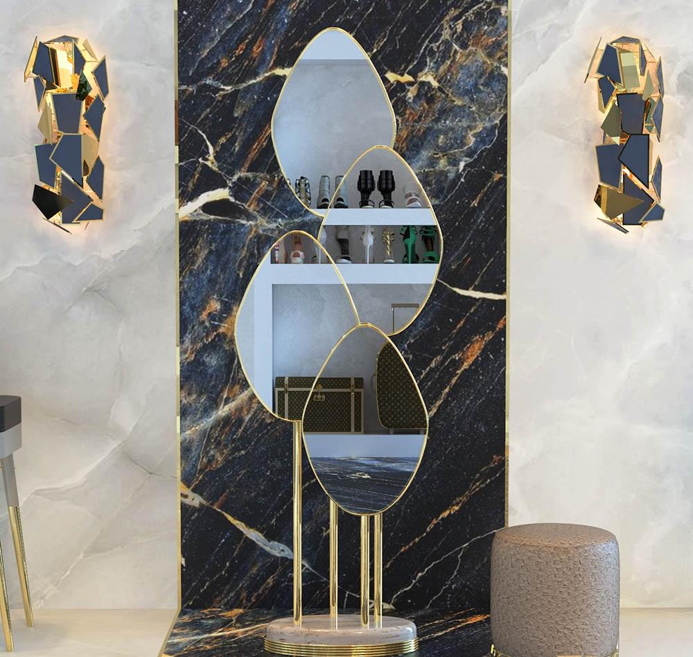 Art déco Miroir de sol d'inspiration Art Déco, laiton poli/marbre en vente