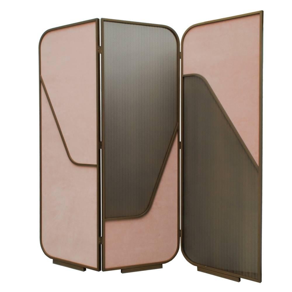 Contemporary Room-Divider in Brass Frame with Panels in Velvet and Brass For Sale