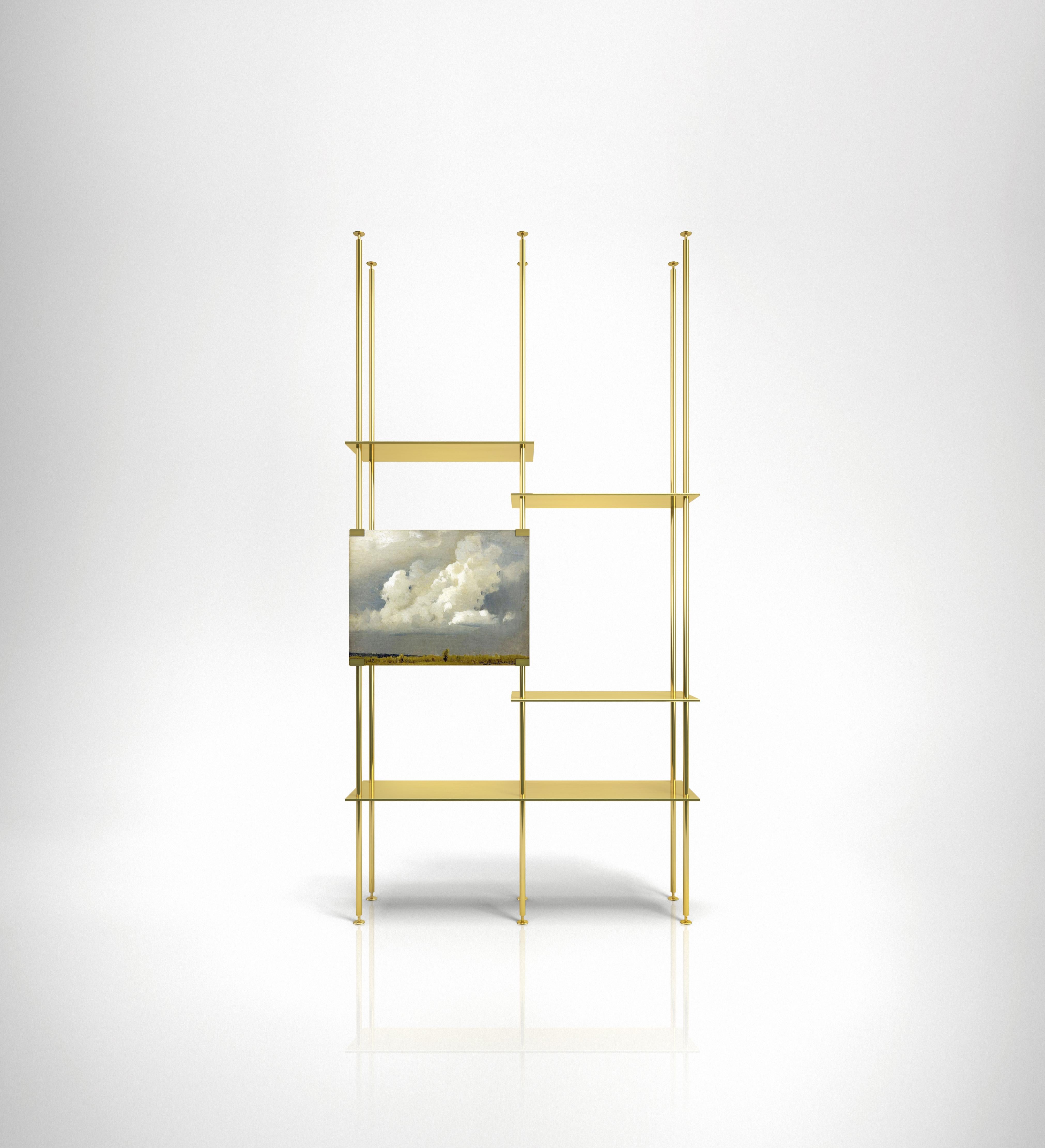 Bookcase 02
Floor to ceiling bookcase entirely made of brass. The structure has no visible joints or screws becoming an asymmetric shape that merges organically in its context. It comes with a separate element that allows the bookcase to be fixed