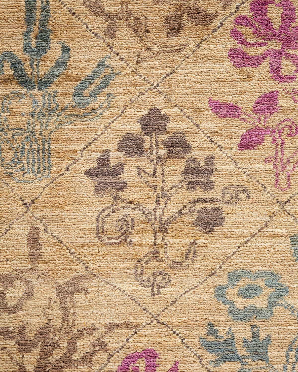 Pakistani Contemporary Floral Hand Knotted Wool Beige Area Rug For Sale