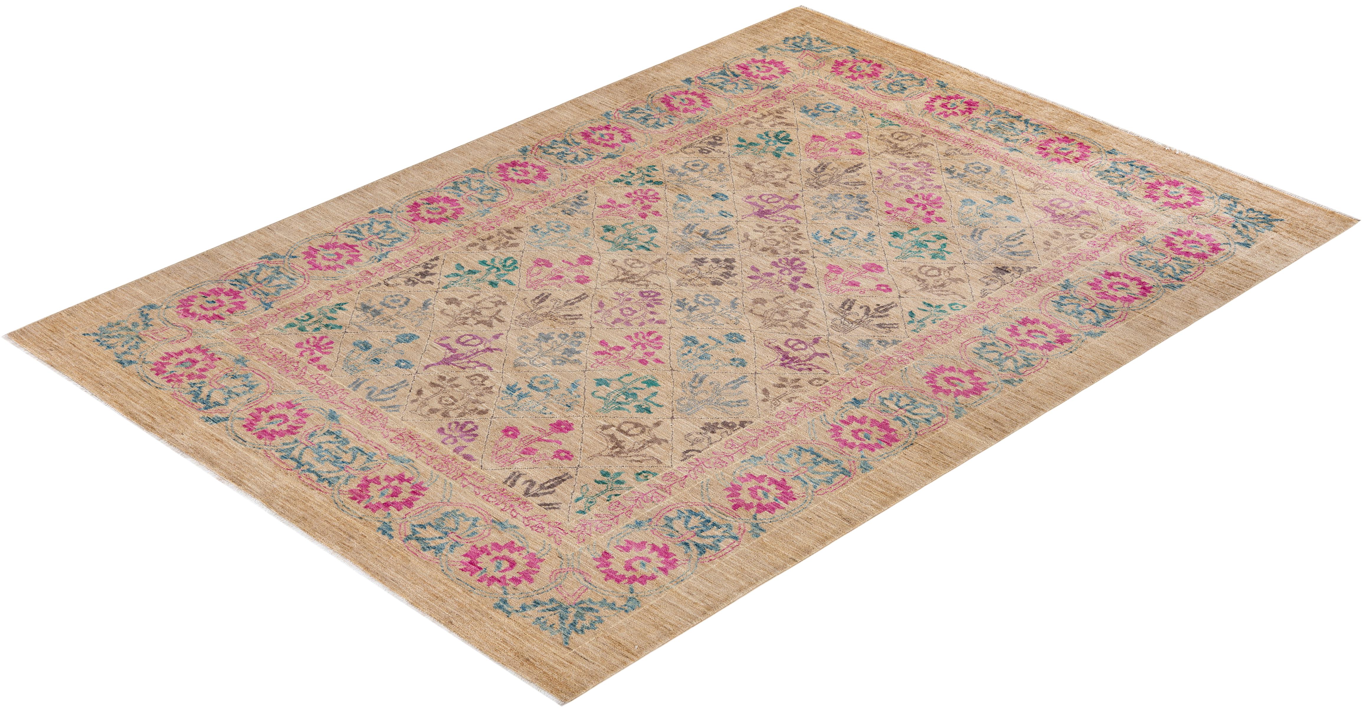 Contemporary Floral Hand Knotted Wool Beige Area Rug For Sale 4