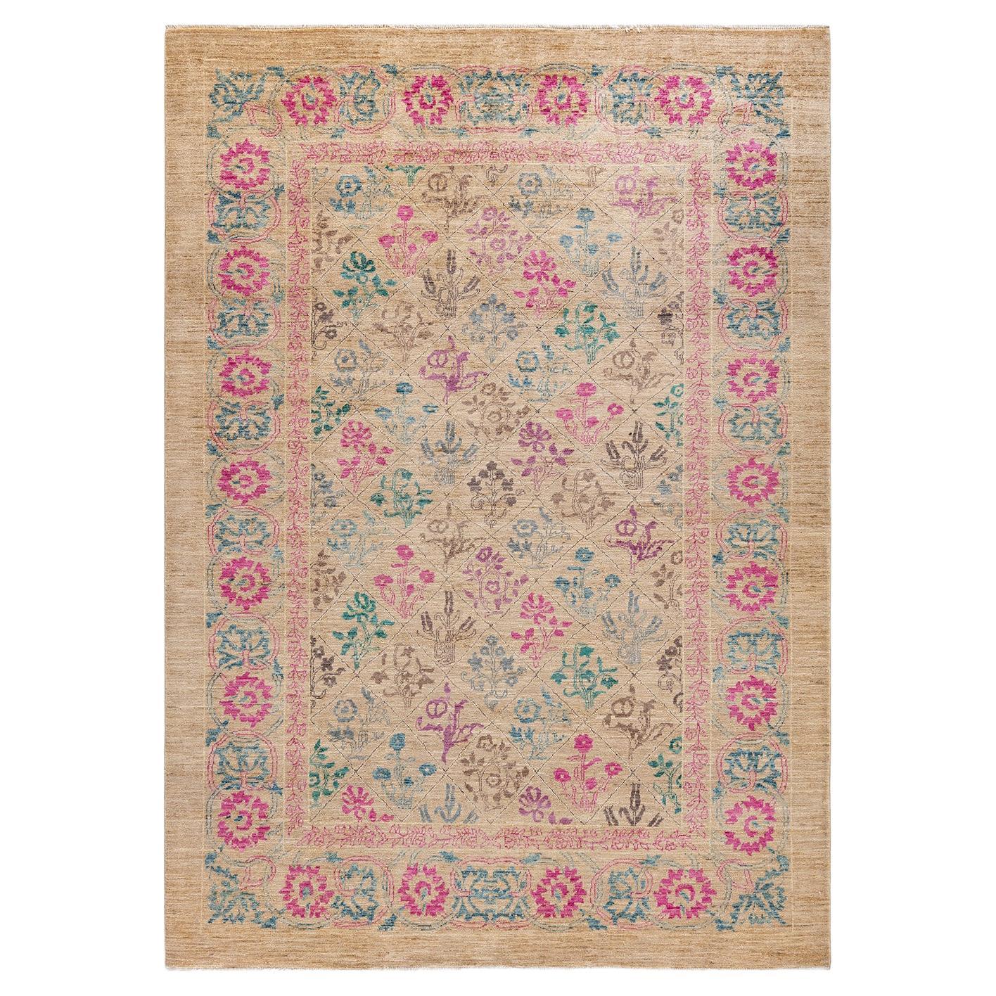Contemporary Floral Hand Knotted Wool Beige Area Rug For Sale