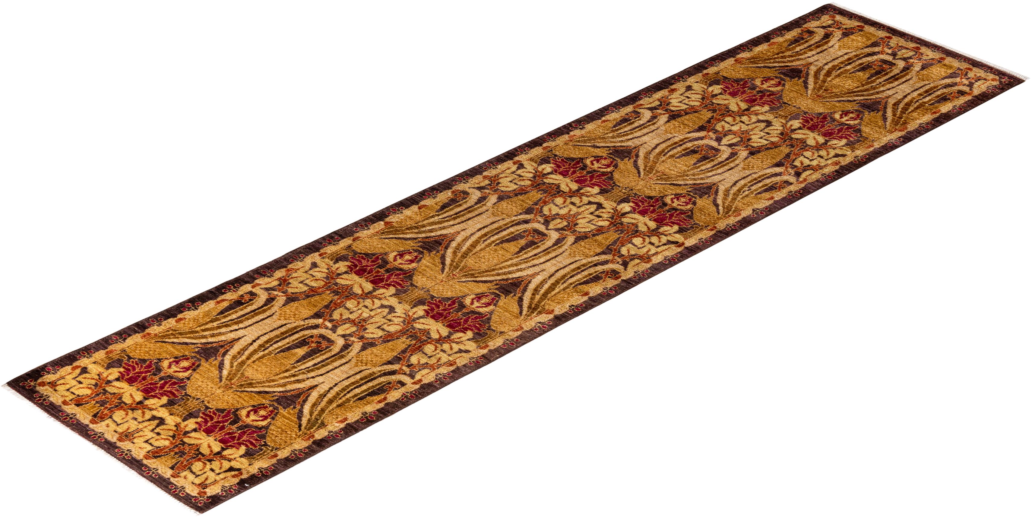 Contemporary Floral Hand Knotted Wool Beige Runner For Sale 4