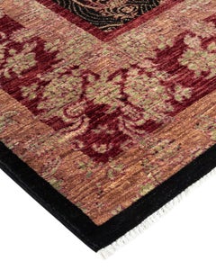 Contemporary Floral Hand Knotted Wool Black Area Rug