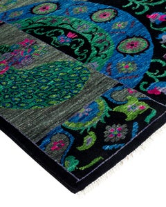 Contemporary Floral Hand Knotted Wool Black Area Rug
