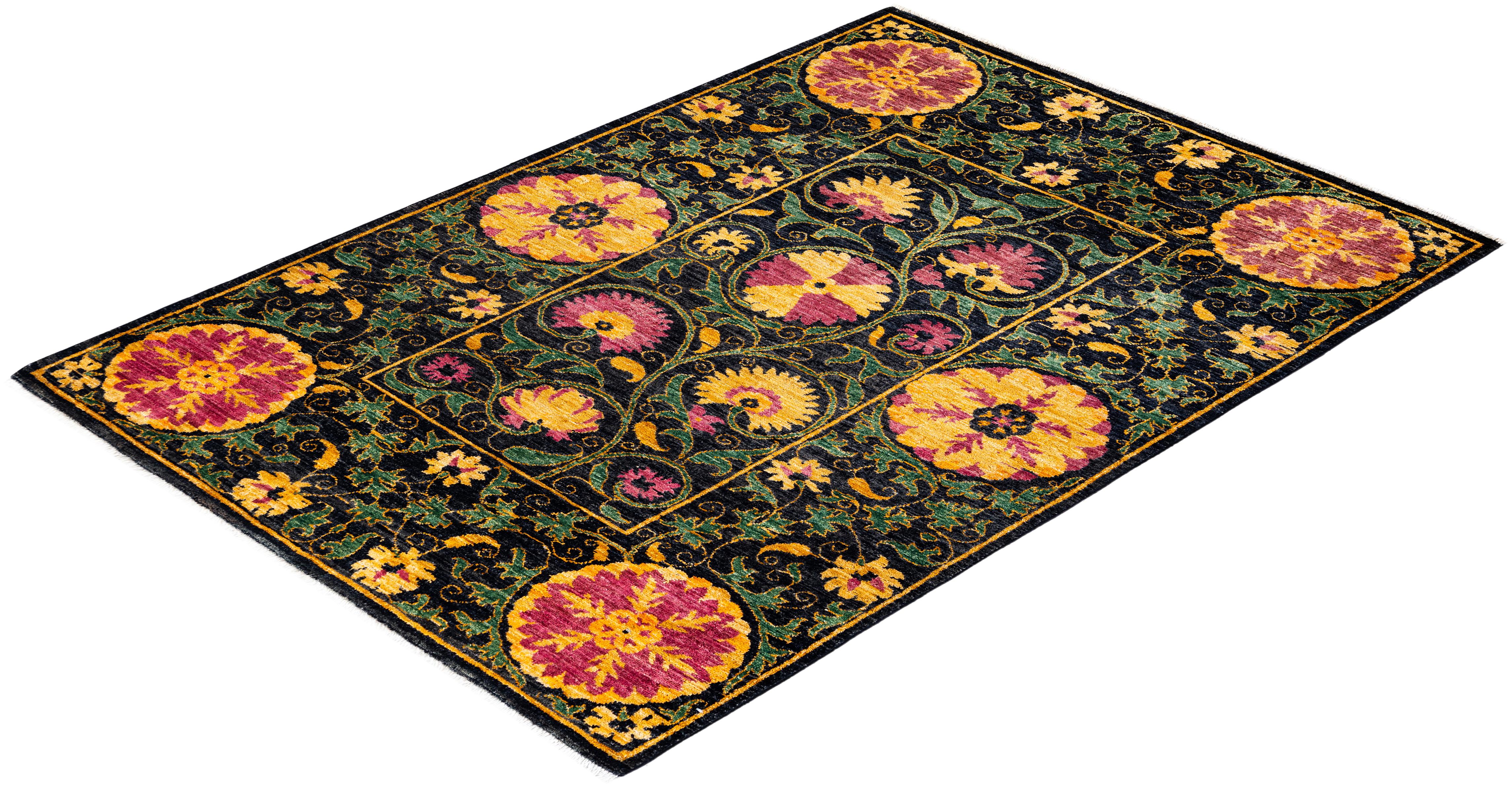 Contemporary Floral Hand Knotted Wool Black Area Rug For Sale 4