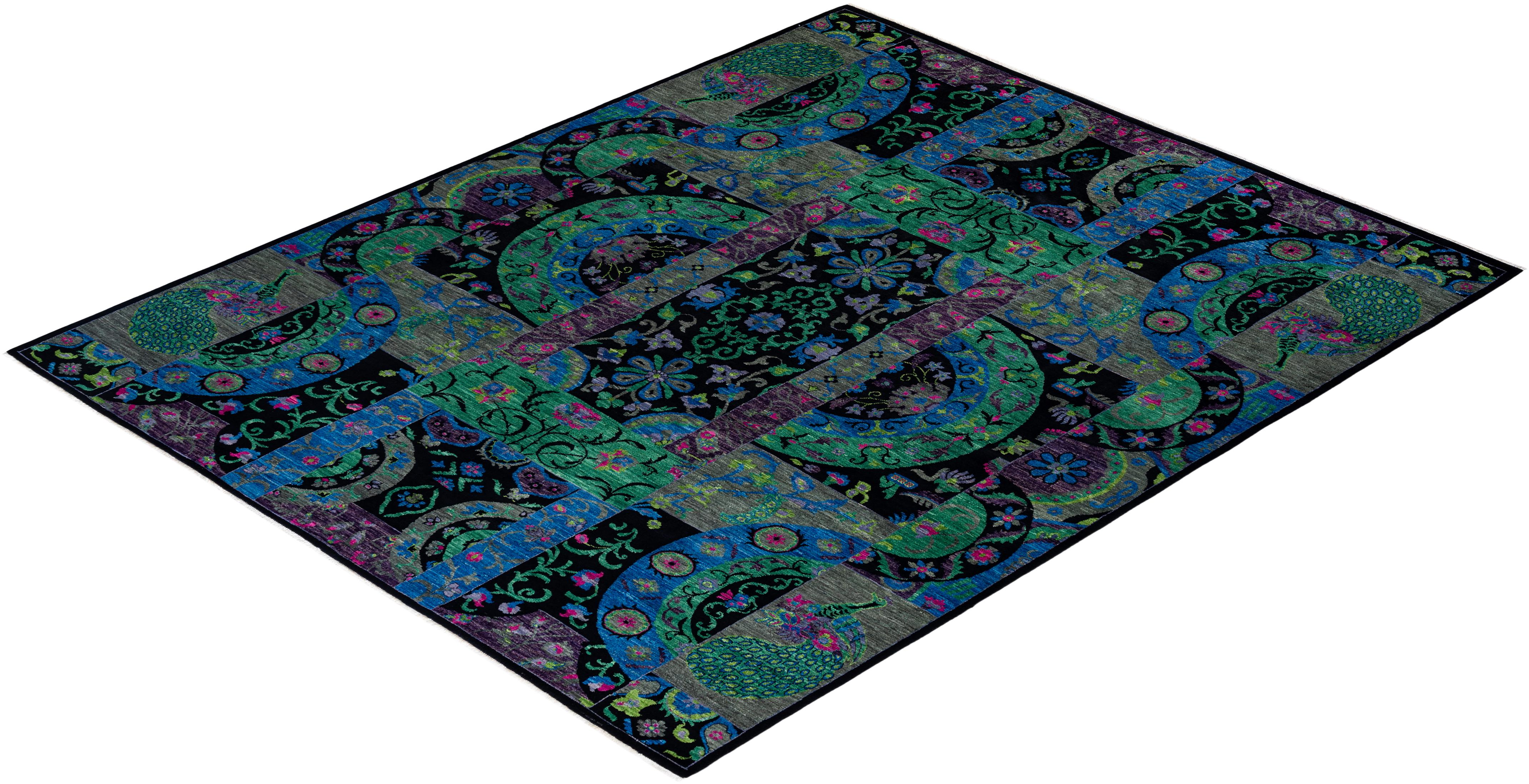 Contemporary Floral Hand Knotted Wool Black Area Rug For Sale 4