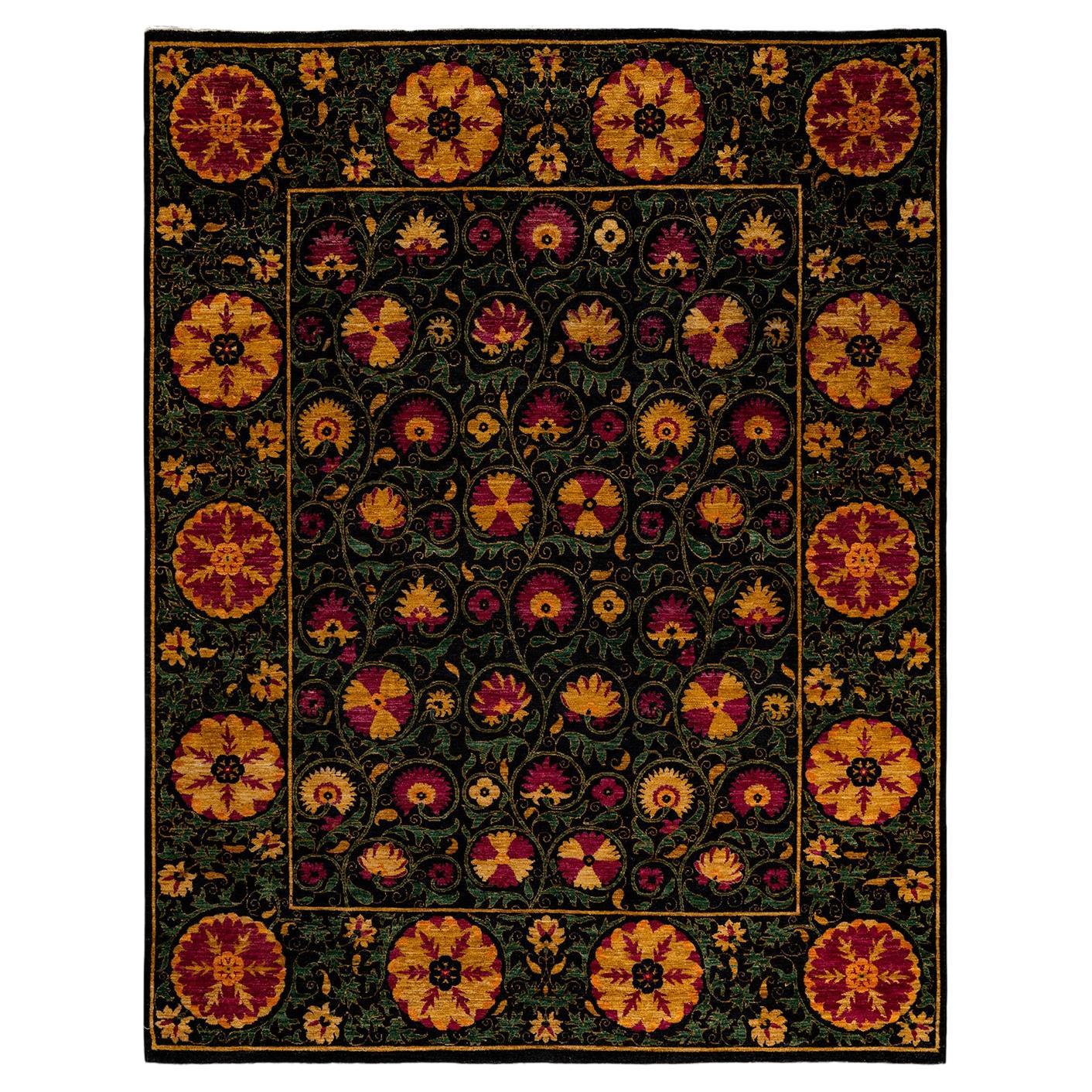 Contemporary Floral Hand Knotted Wool Black Area Rug For Sale