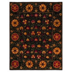 Contemporary Floral Hand Knotted Wool Black Area Rug