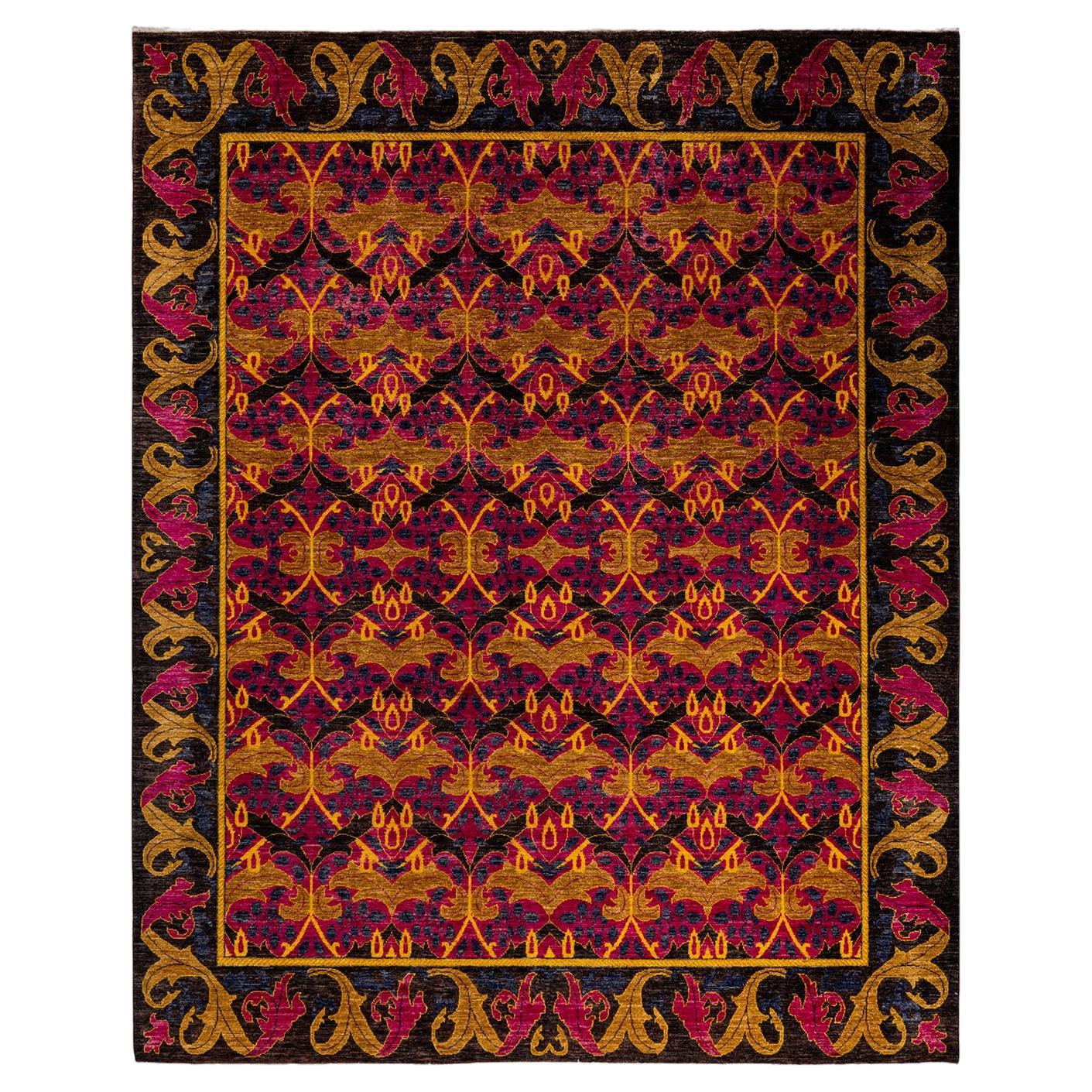 Contemporary Floral Hand Knotted Wool Black Area Rug