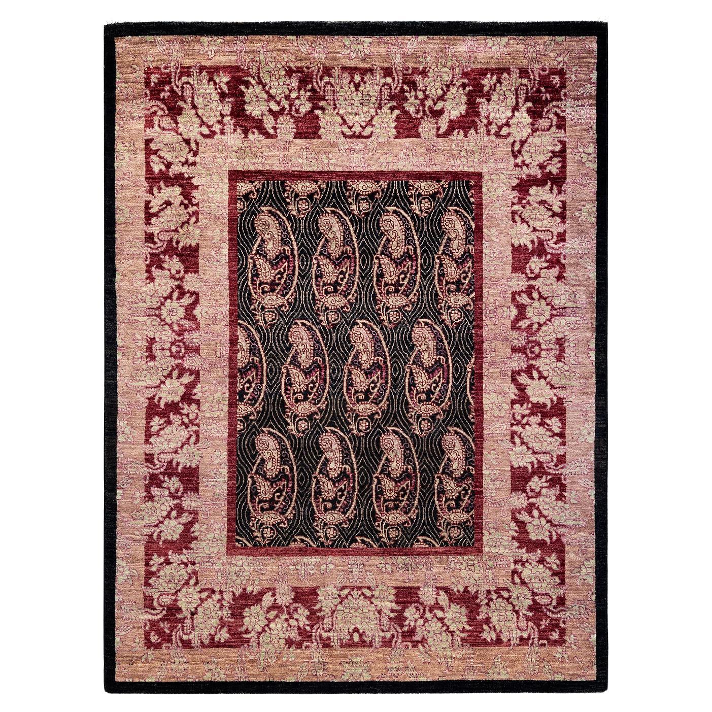 Contemporary Floral Hand Knotted Wool Black Area Rug