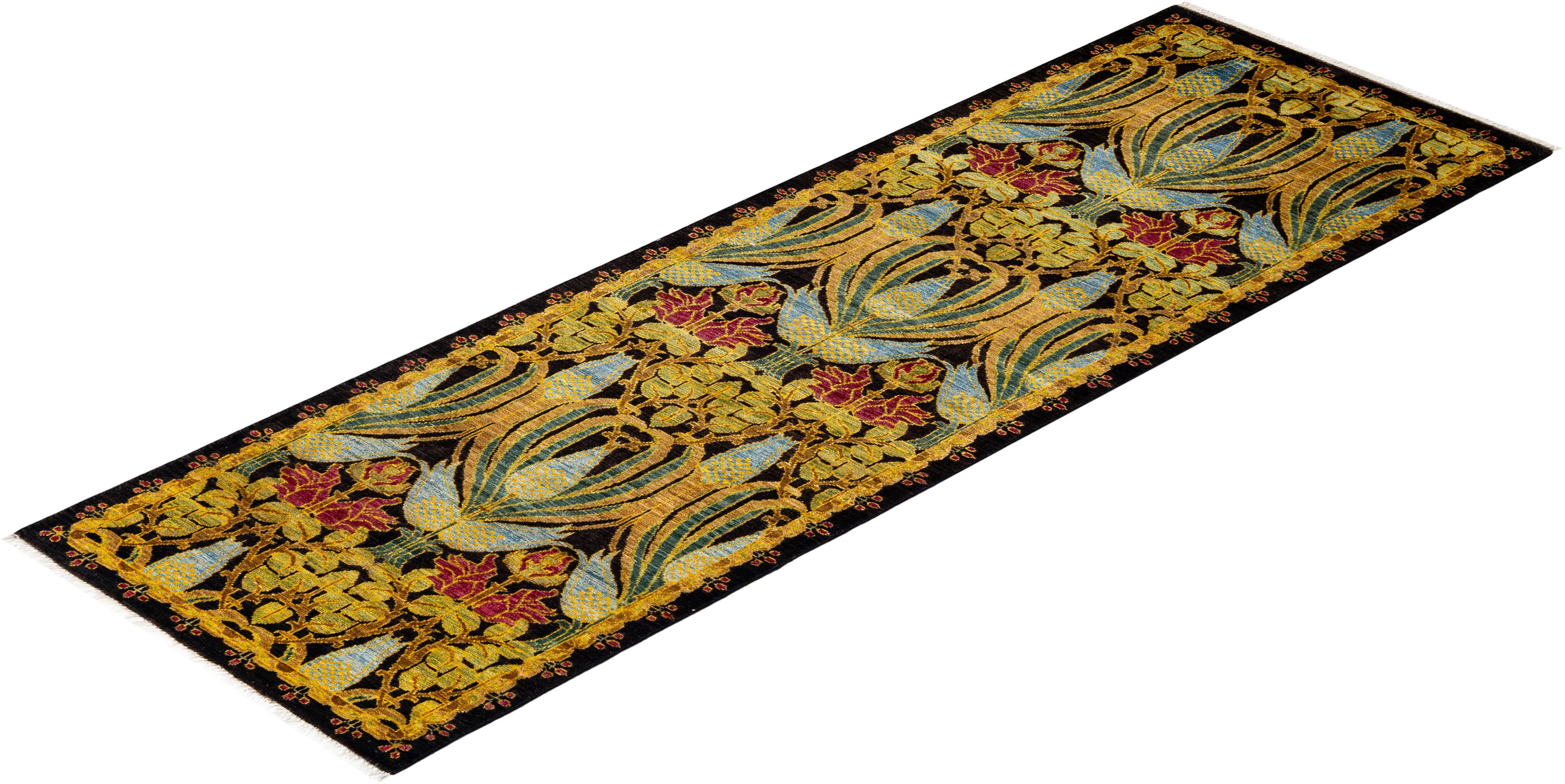 Contemporary Floral Hand Knotted Wool Black Runner 4