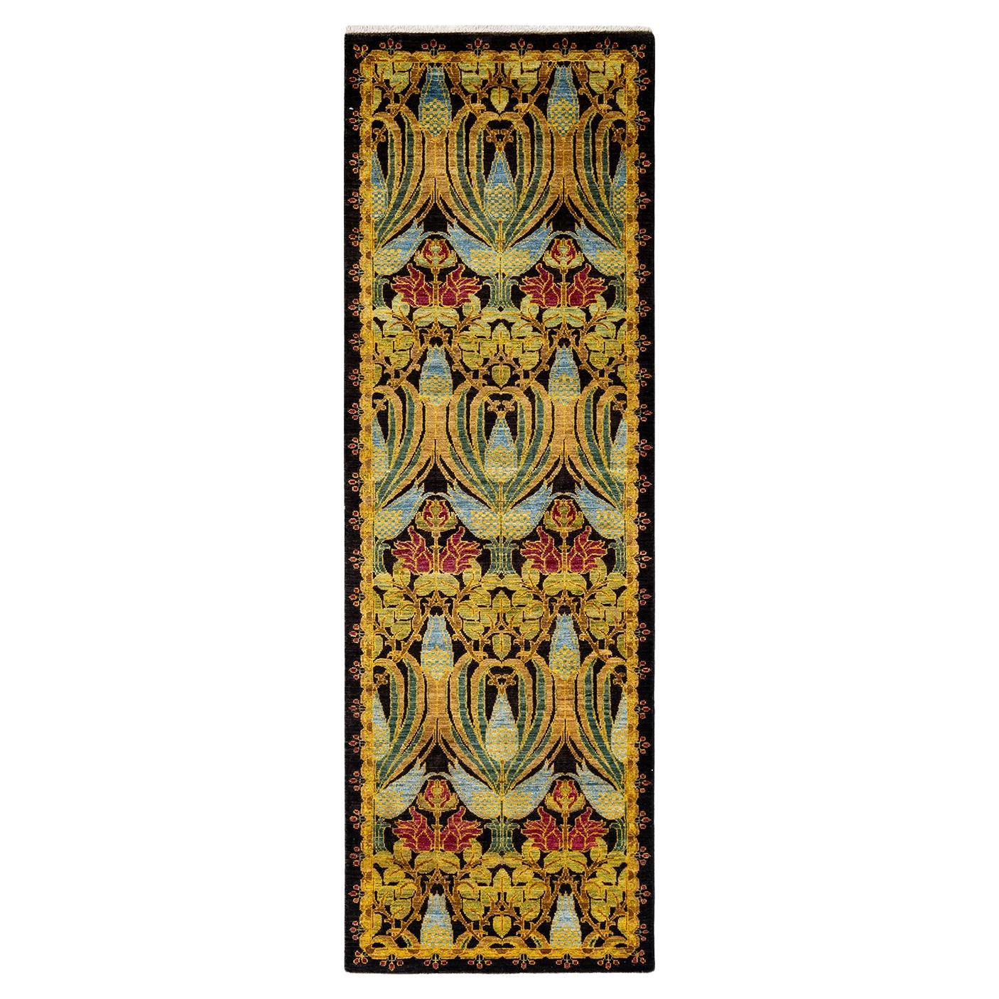 Contemporary Floral Hand Knotted Wool Black Runner For Sale