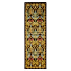 Contemporary Floral Hand Knotted Wool Black Runner