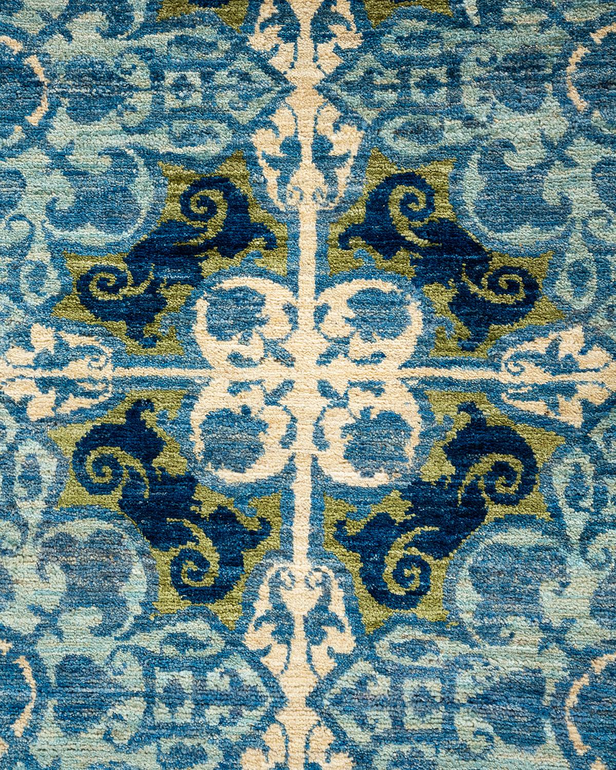 Pakistani Contemporary Floral Hand Knotted Wool Blue Area Rug