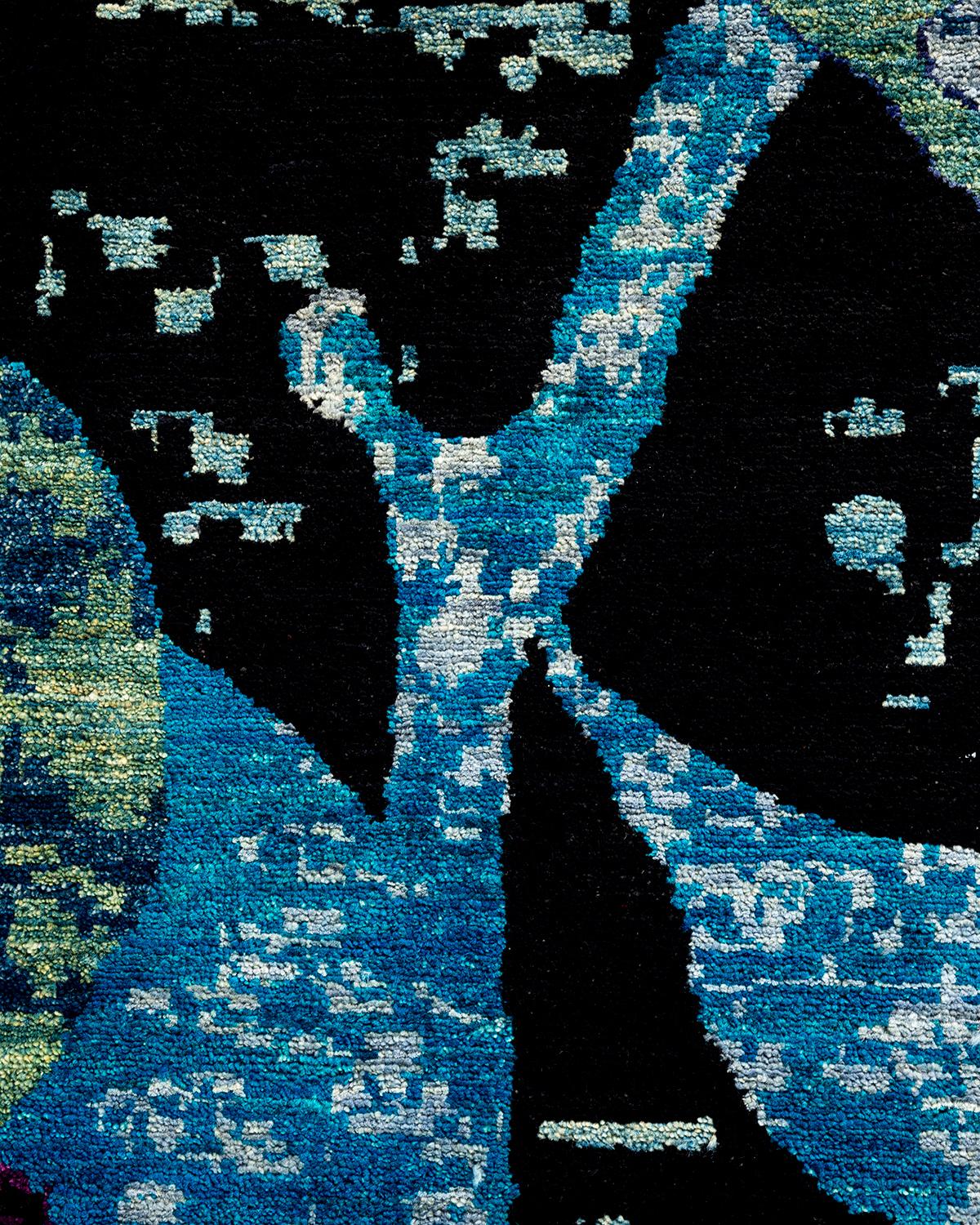 Pakistani Contemporary Floral Hand Knotted Wool Blue Area Rug For Sale