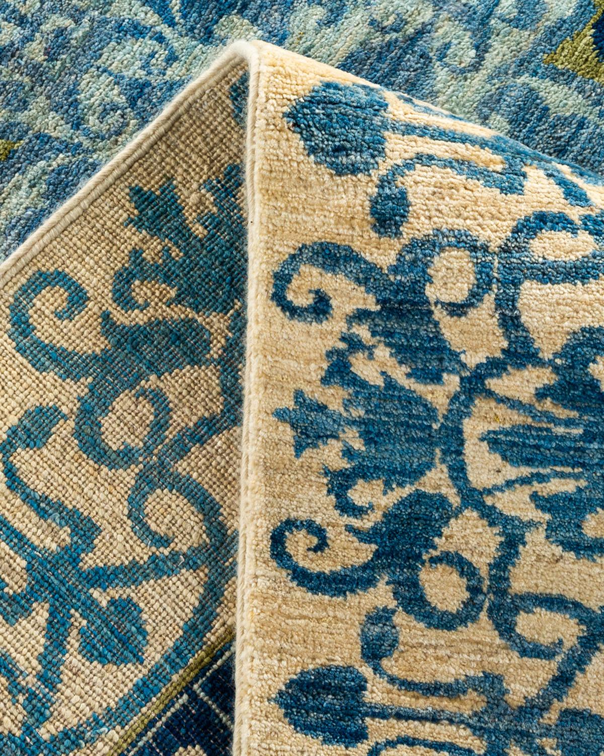 Contemporary Floral Hand Knotted Wool Blue Area Rug 2