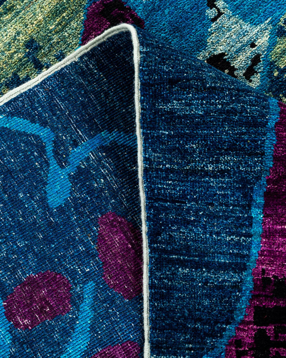 Contemporary Floral Hand Knotted Wool Blue Area Rug For Sale 2