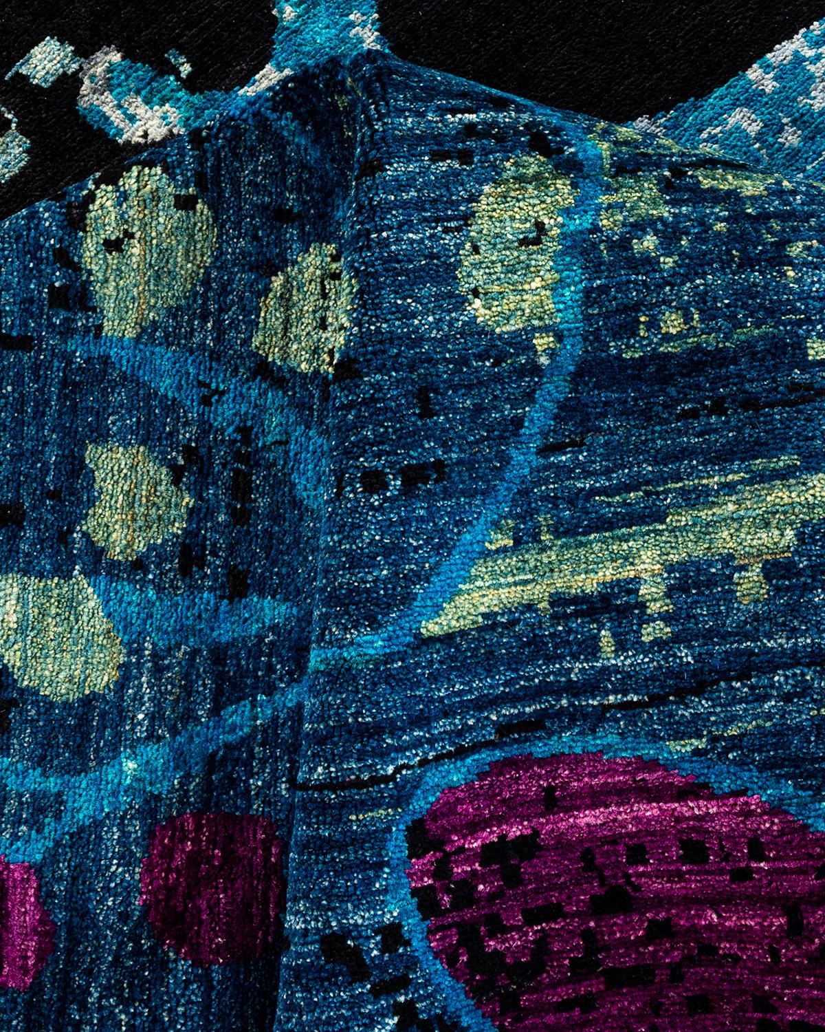 Contemporary Floral Hand Knotted Wool Blue Area Rug For Sale 3