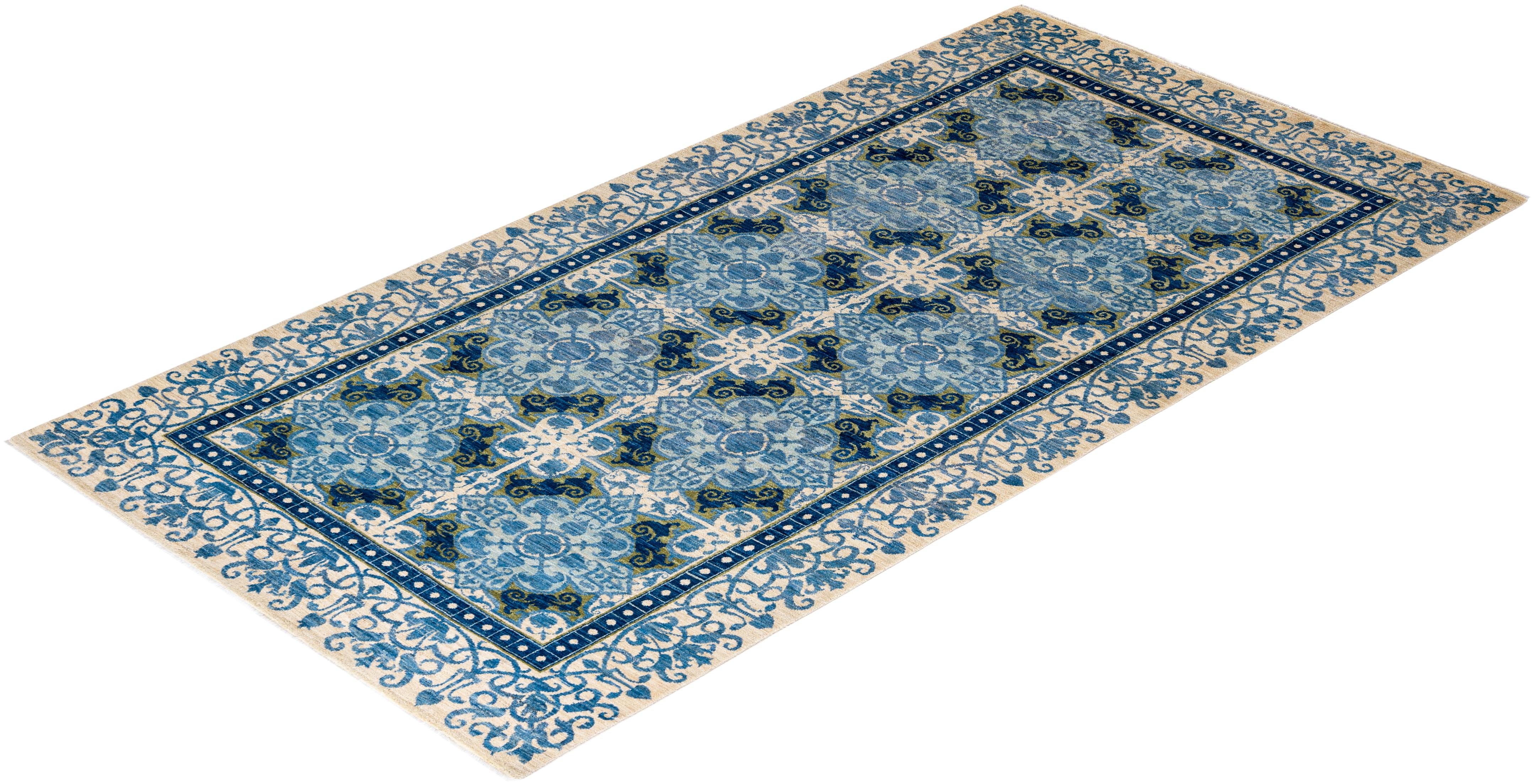 Contemporary Floral Hand Knotted Wool Blue Area Rug 4