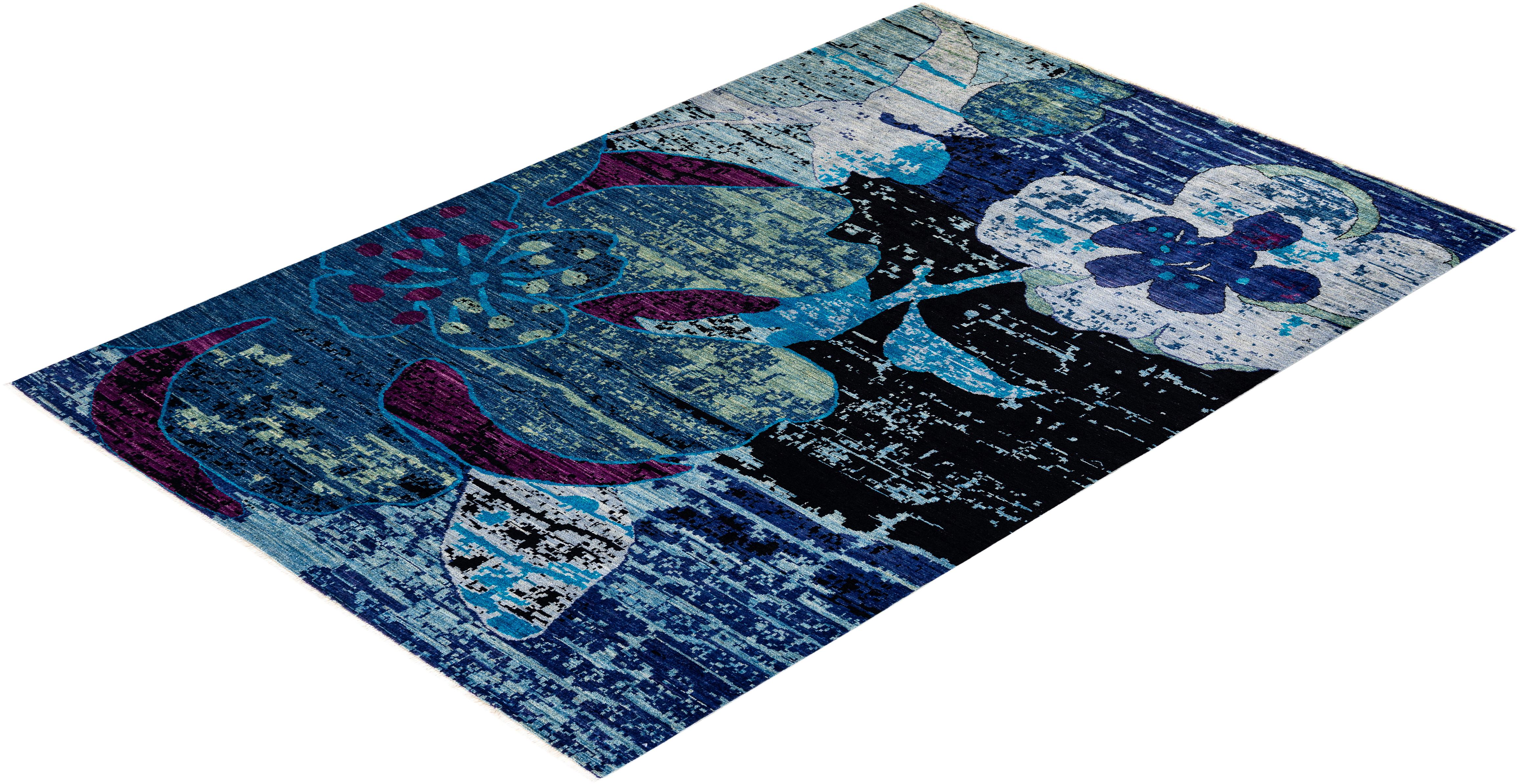 Contemporary Floral Hand Knotted Wool Blue Area Rug For Sale 4
