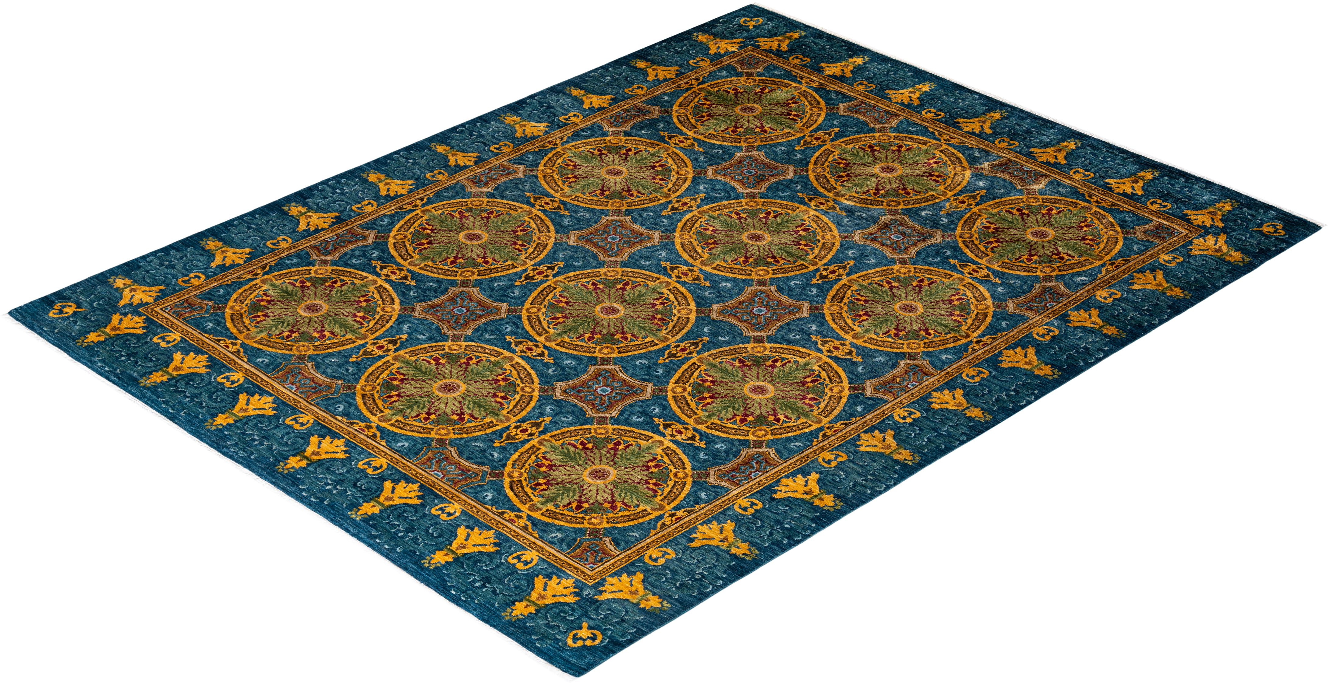 Contemporary Floral Hand Knotted Wool Blue Area Rug For Sale 4