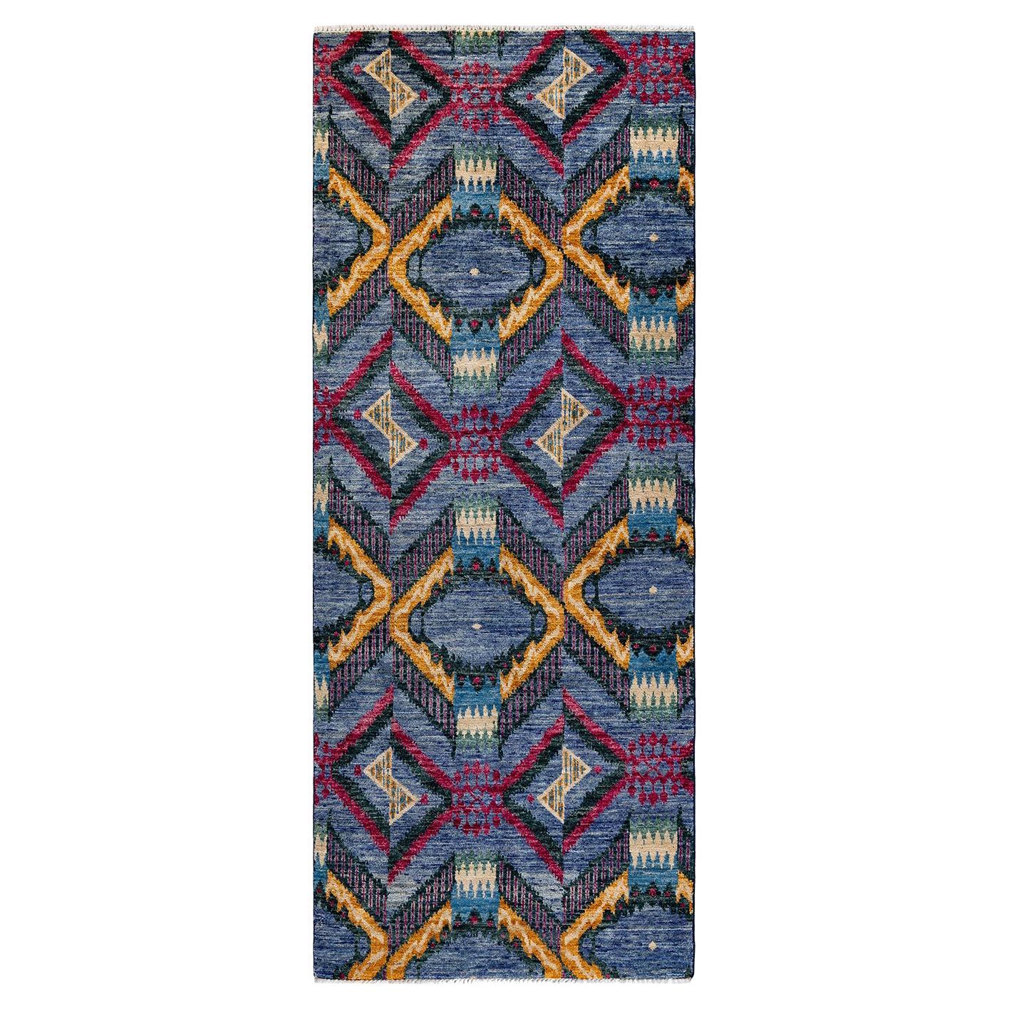 Contemporary Floral Hand Knotted Wool Blue Area Rug For Sale