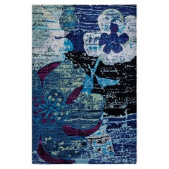 Contemporary Floral Hand Knotted Wool Blue Area Rug