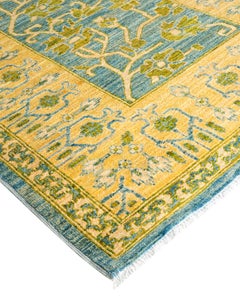 Contemporary Floral Hand Knotted Wool Blue Runner