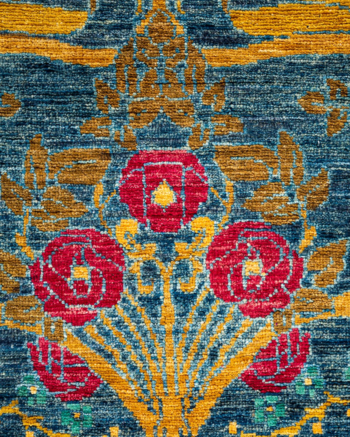 Pakistani Contemporary Floral Hand Knotted Wool Blue Runner For Sale