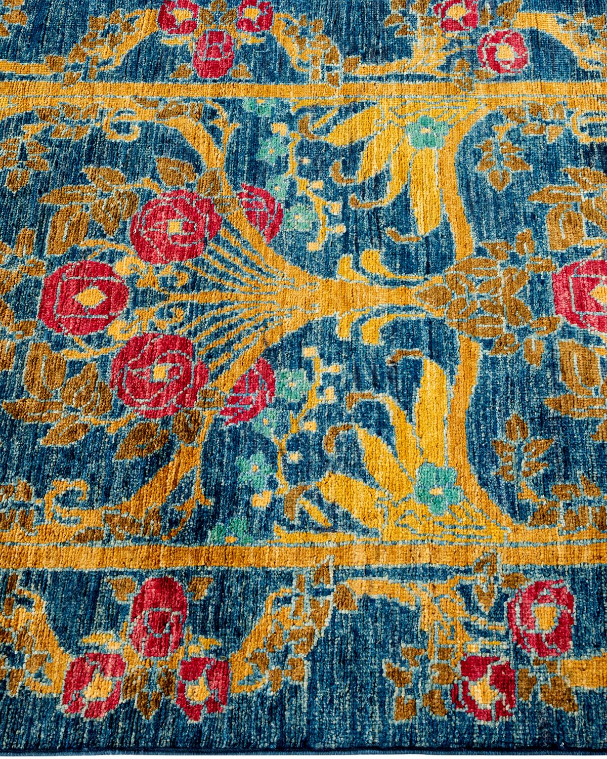 Contemporary Floral Hand Knotted Wool Blue Runner In New Condition For Sale In Norwalk, CT