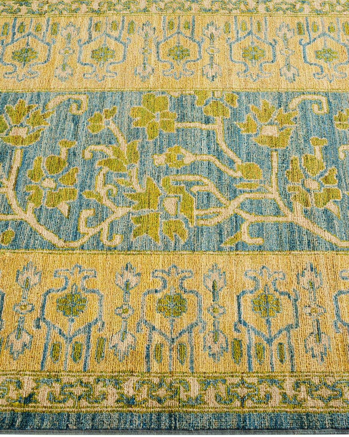 Contemporary Floral Hand Knotted Wool Blue Runner In New Condition For Sale In Norwalk, CT