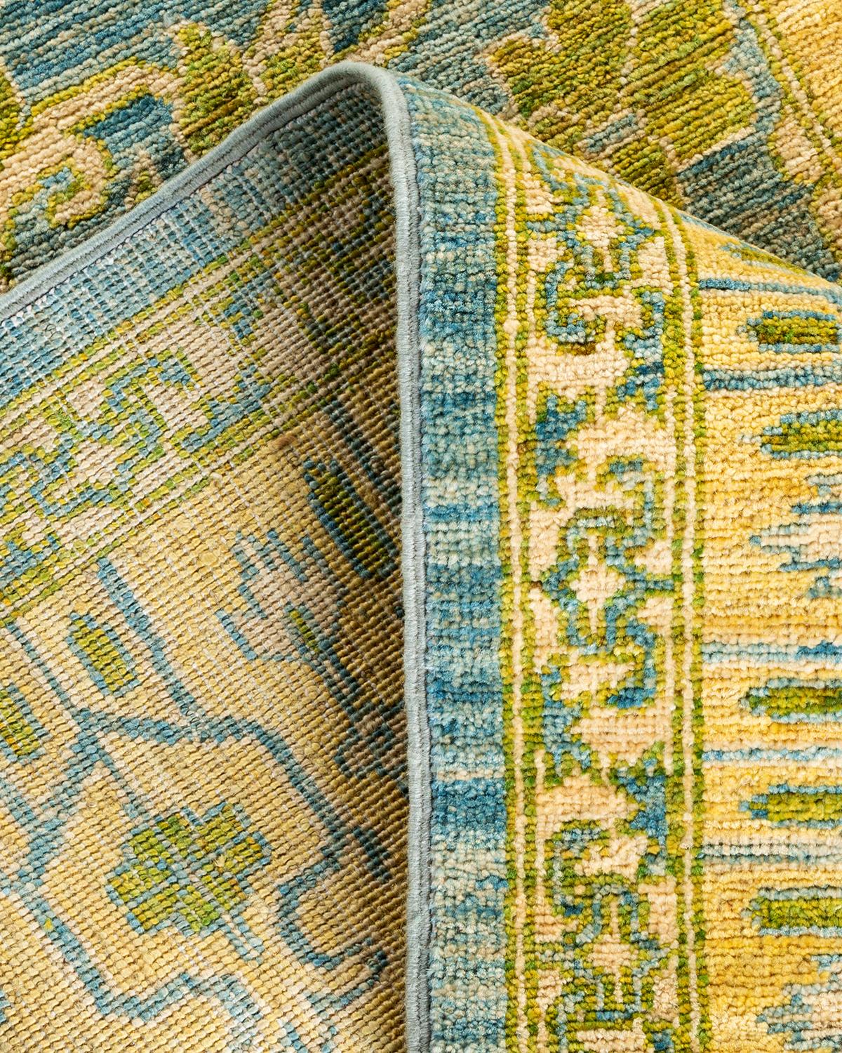 Laine Chemin de table en laine nouée à la main Contemporary Floral Blue Runner en vente