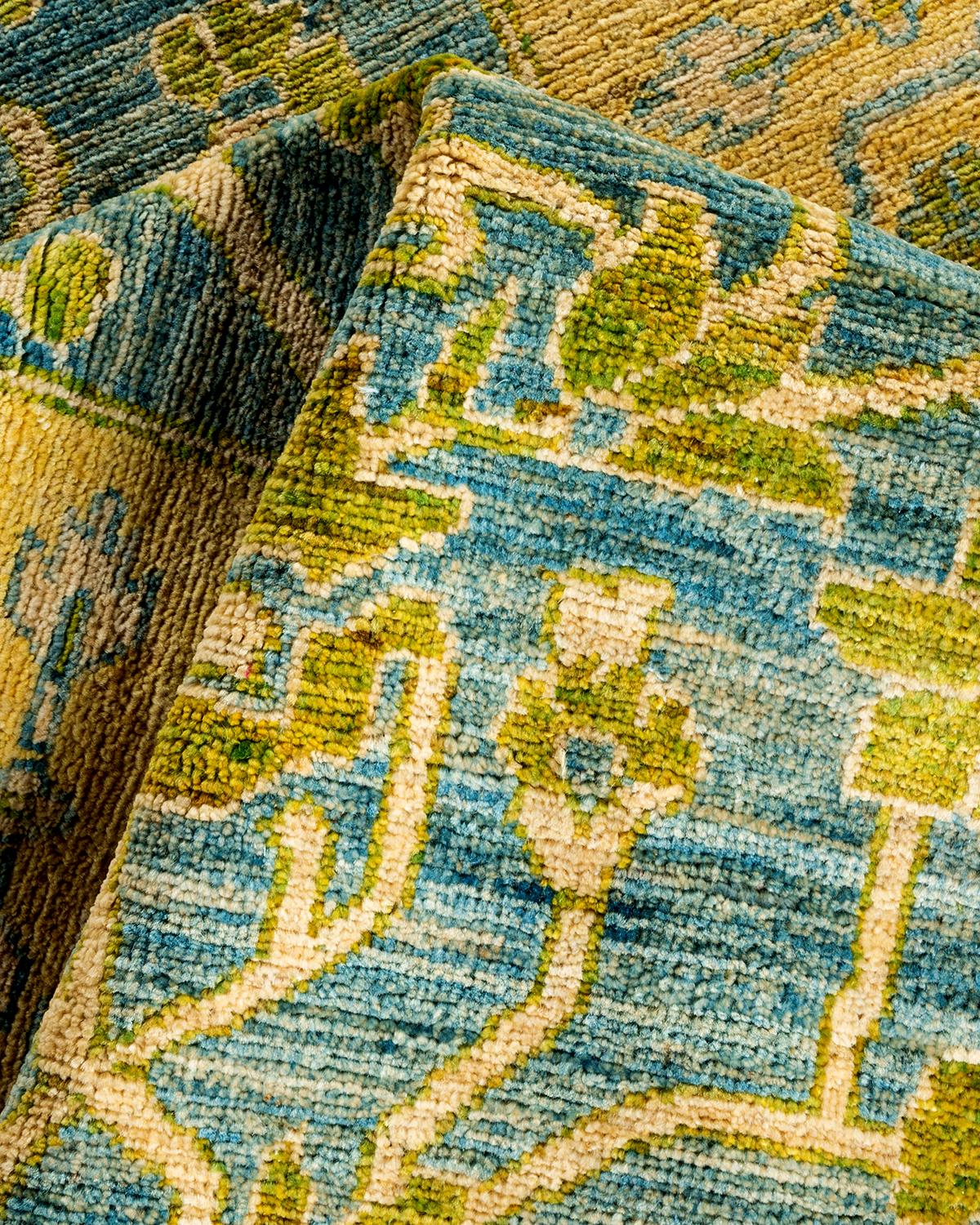 Chemin de table en laine nouée à la main Contemporary Floral Blue Runner en vente 1