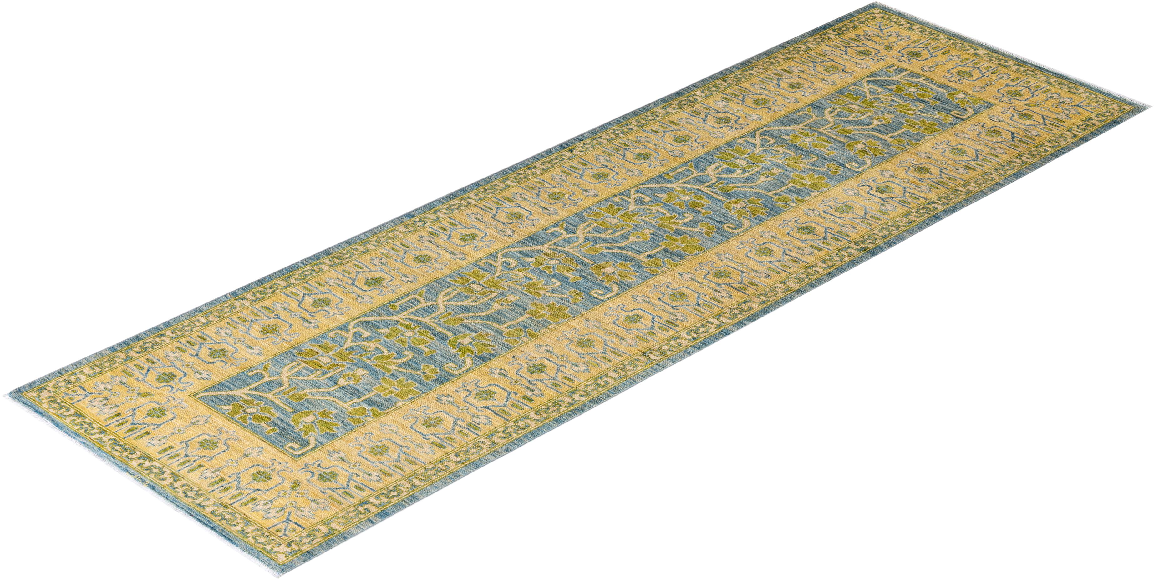 Contemporary Floral Hand Knotted Wool Blue Runner For Sale 4