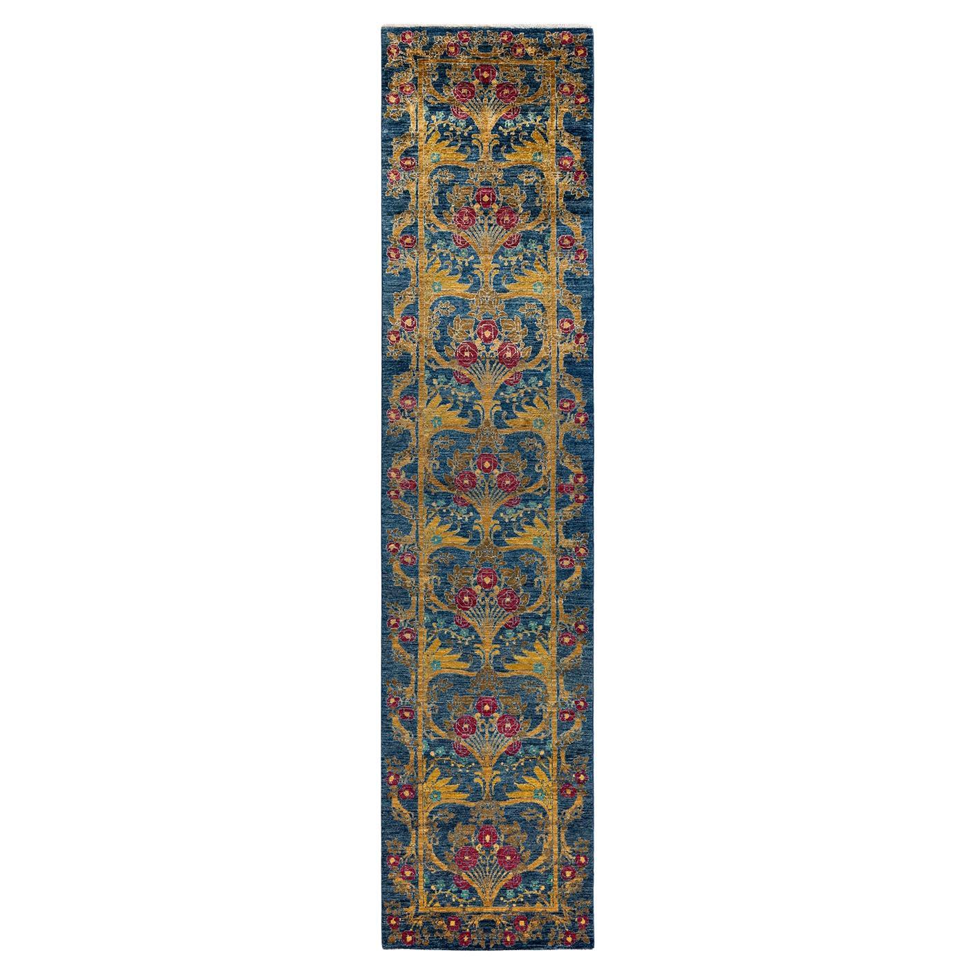 Contemporary Floral Hand Knotted Wool Blue Runner For Sale