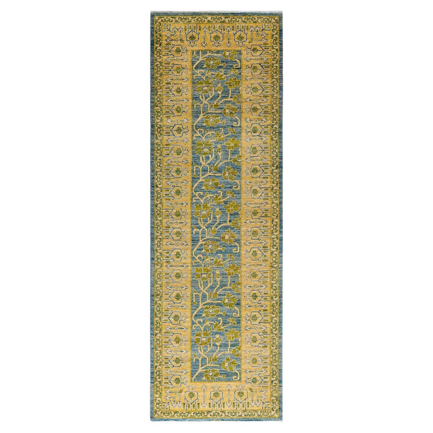 Contemporary Floral Hand Knotted Wool Blue Runner For Sale