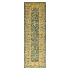 Contemporary Floral Hand Knotted Wool Blue Runner