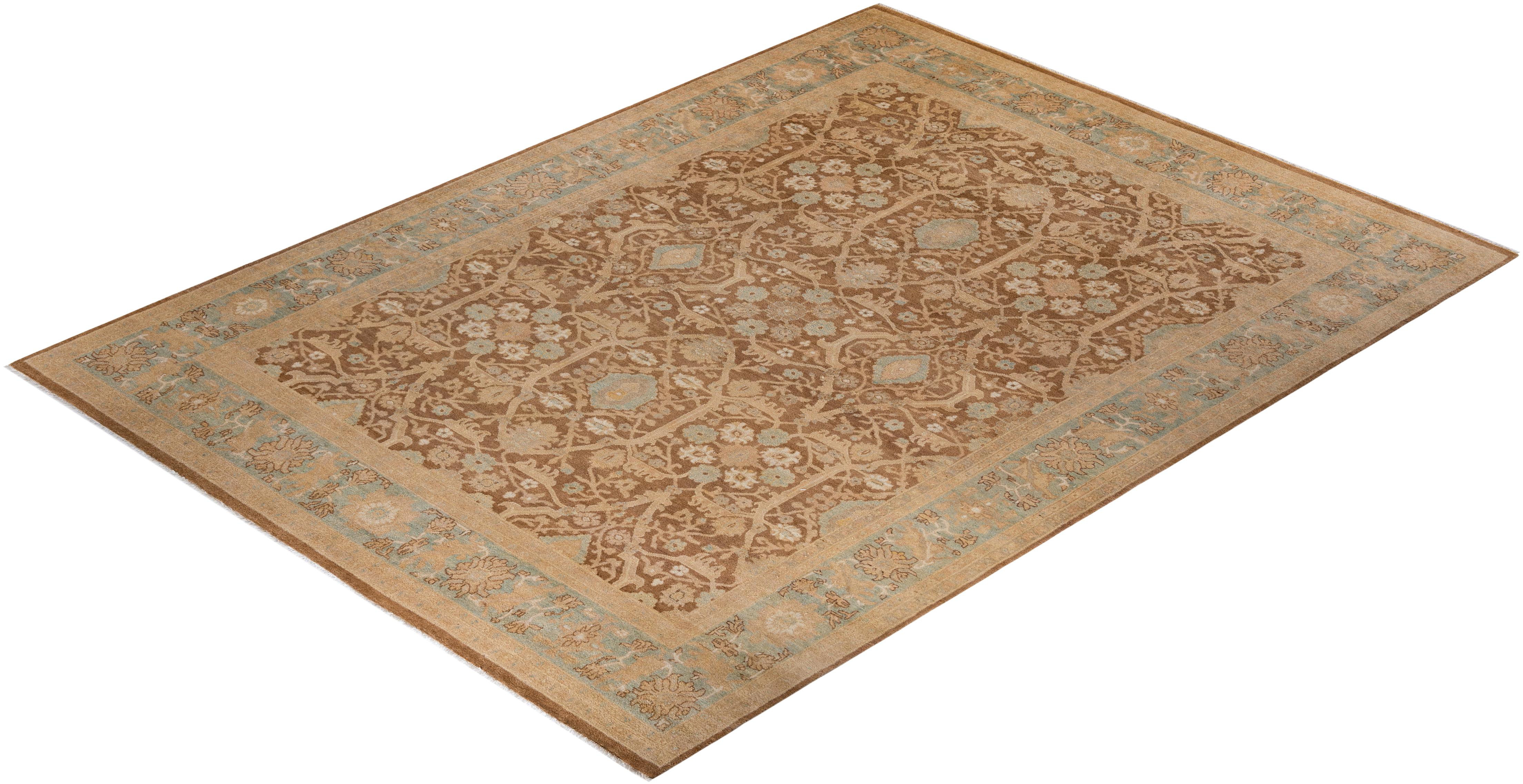 Contemporary Floral Hand Knotted Wool Brown Area Rug For Sale 4