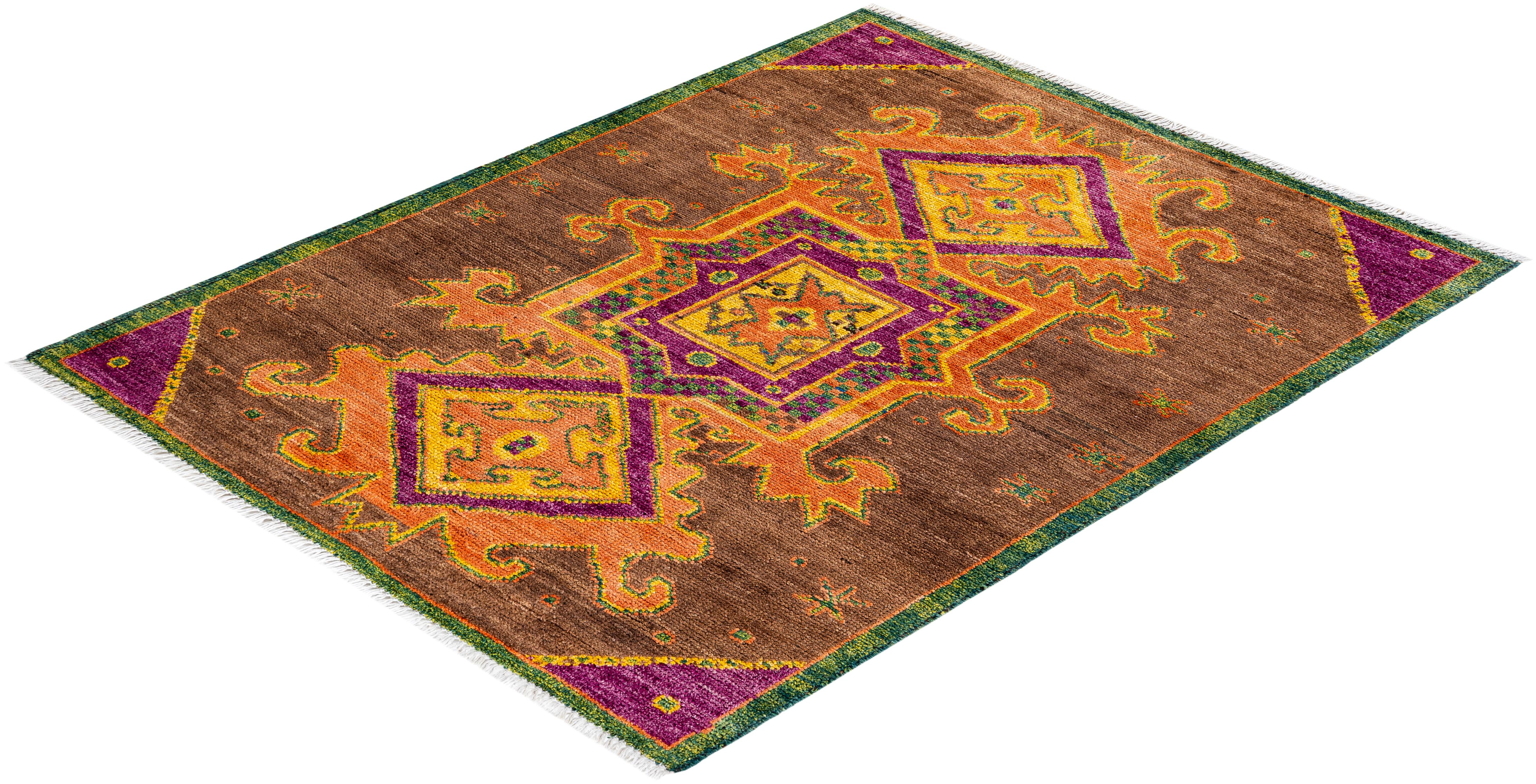 Tapis de sol Contemporary Floral en laine nouée à la main Brown en vente 2