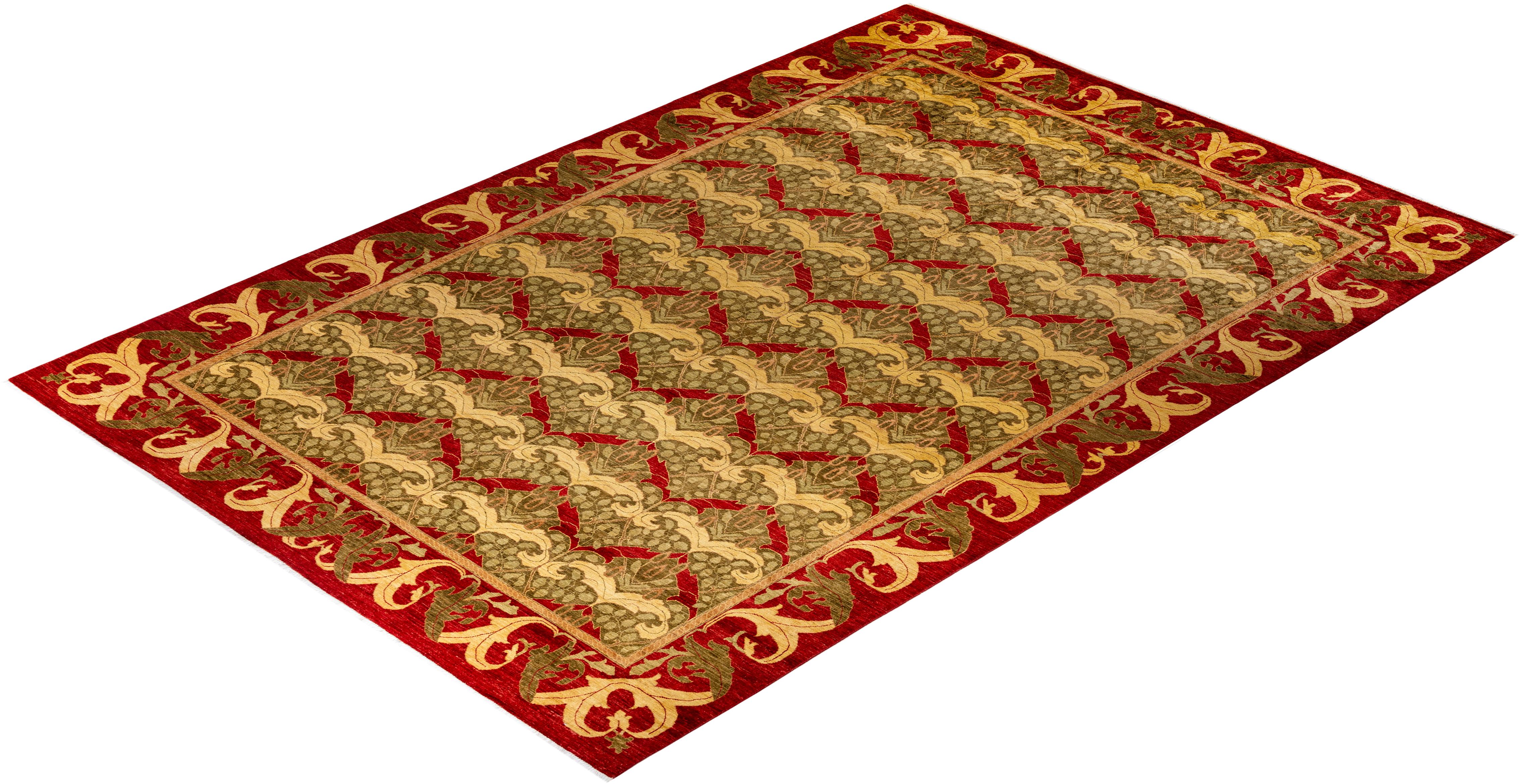 Contemporary Floral Hand Knotted Wool Brown Area Rug For Sale 4