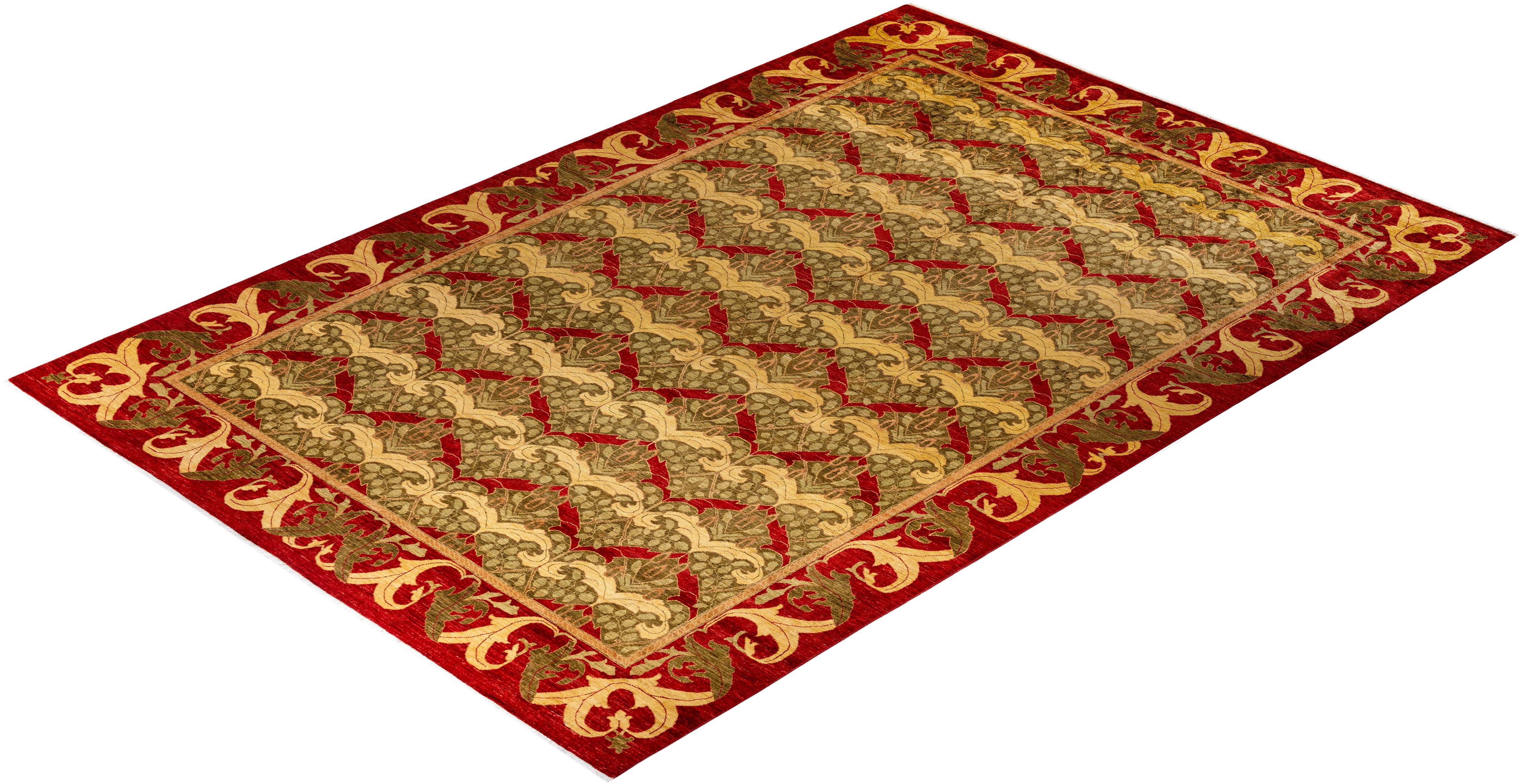 Tapis de sol Contemporary Floral en laine nouée à la main Brown en vente 2