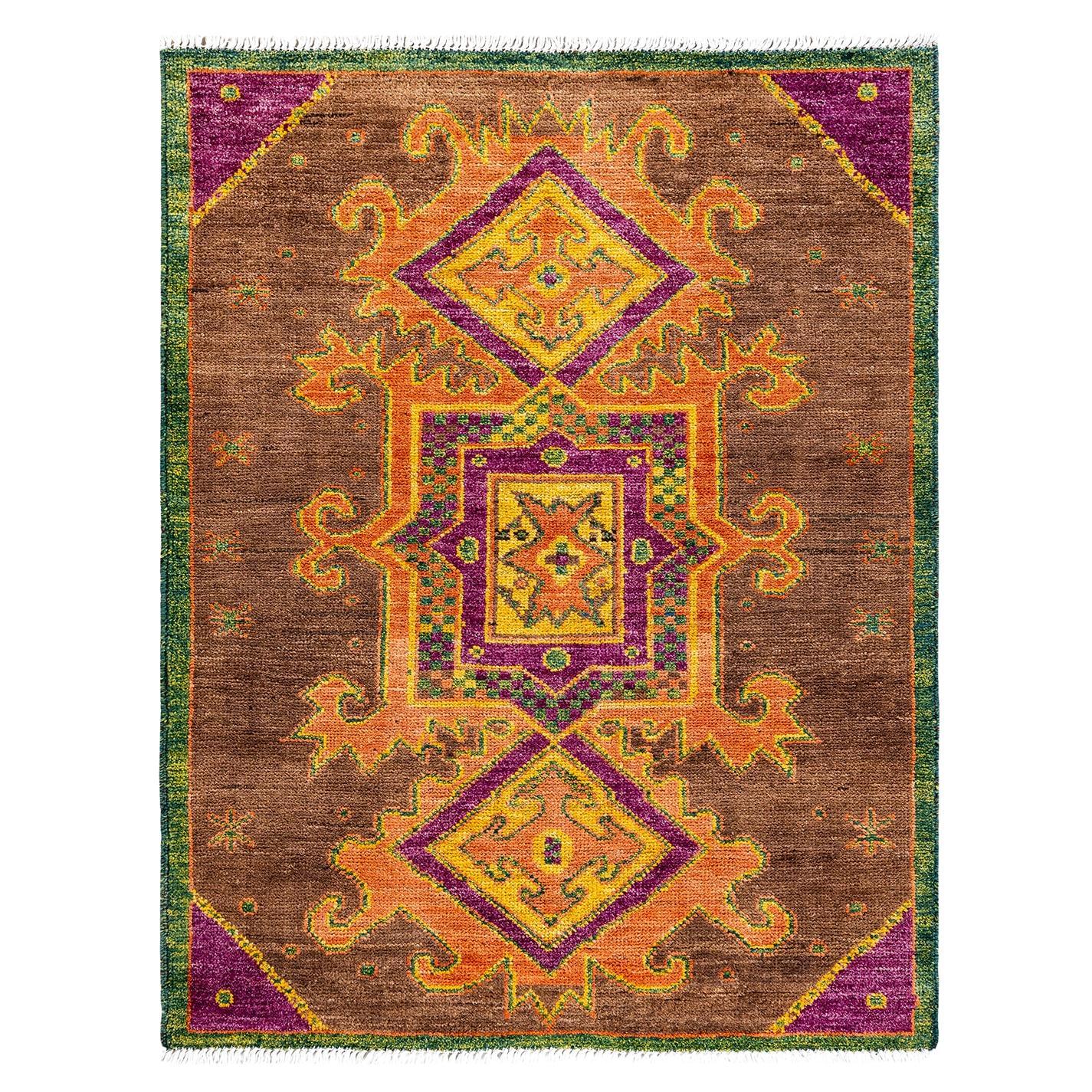 Contemporary Floral Hand Knotted Wool Brown Area Rug