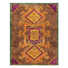 Contemporary Floral Hand Knotted Wool Brown Area Rug
