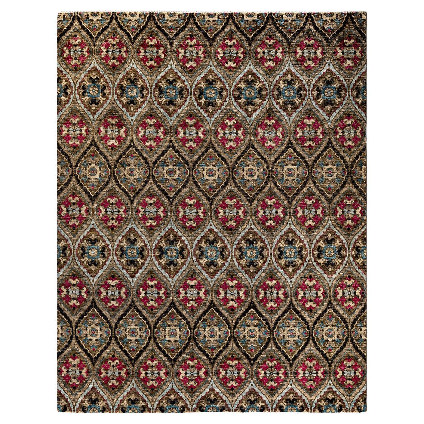 Contemporary Floral Hand Knotted Wool Brown Area Rug For Sale