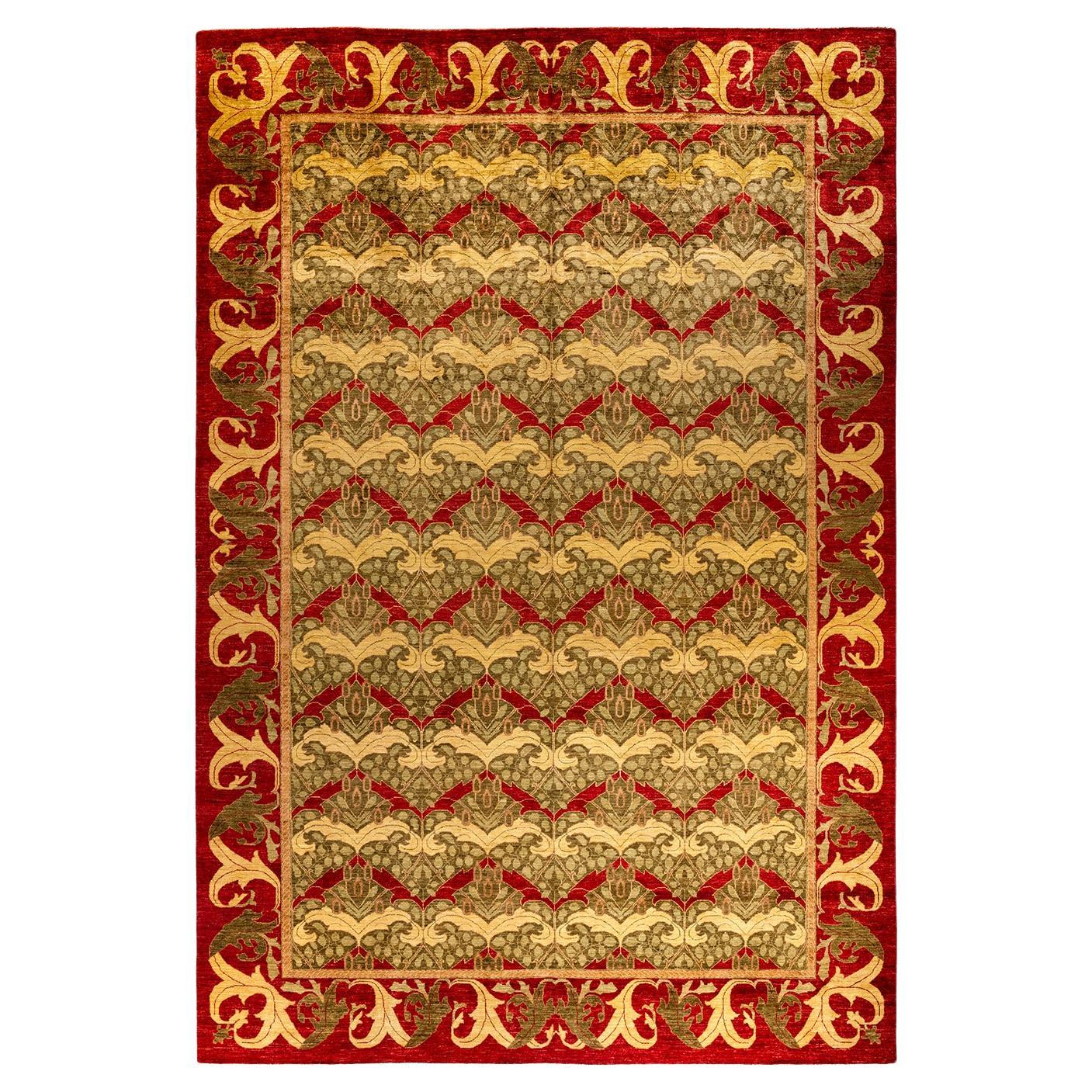 Contemporary Floral Hand Knotted Wool Brown Area Rug For Sale