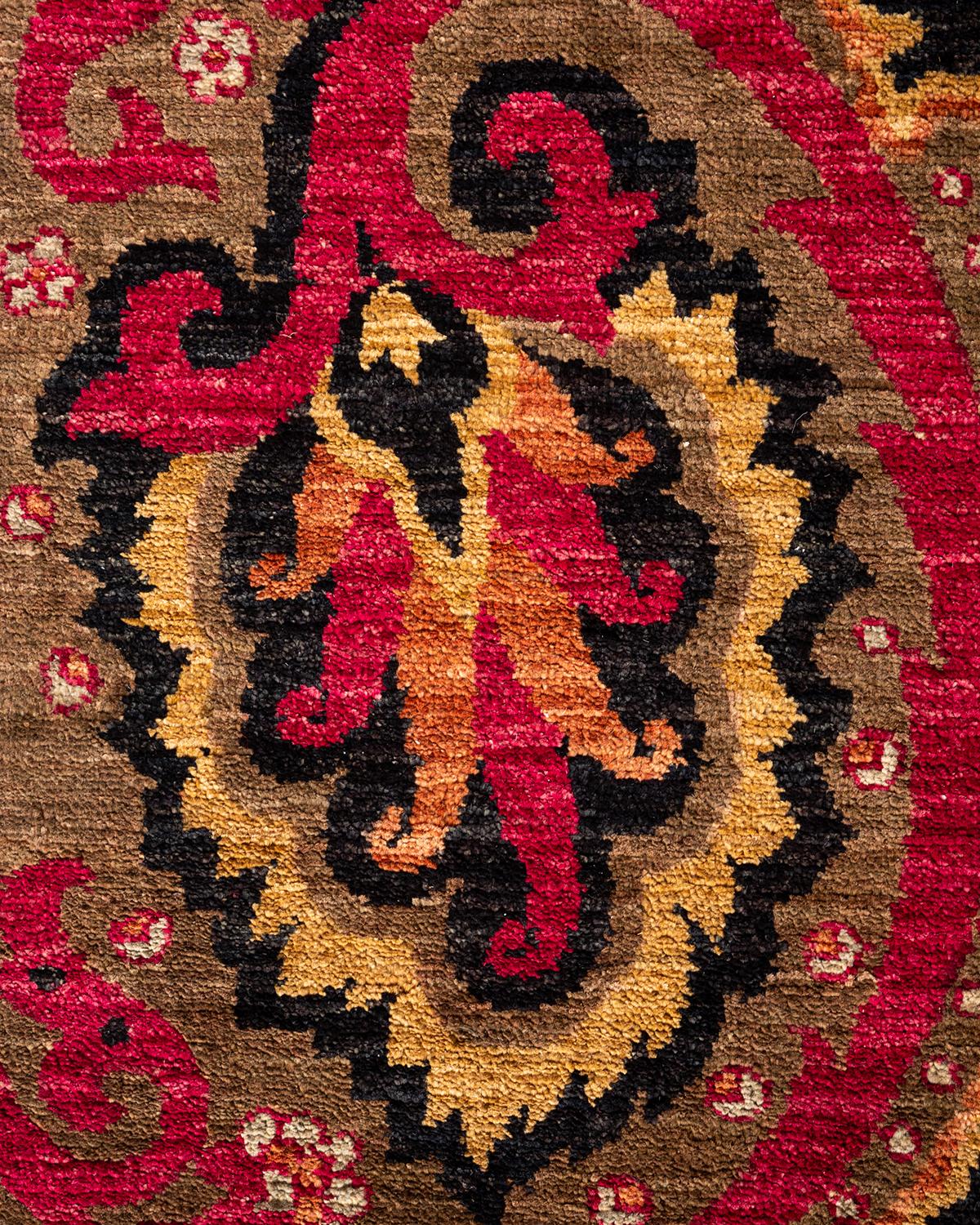 Pakistani Contemporary Floral Hand Knotted Wool Brown Runner For Sale