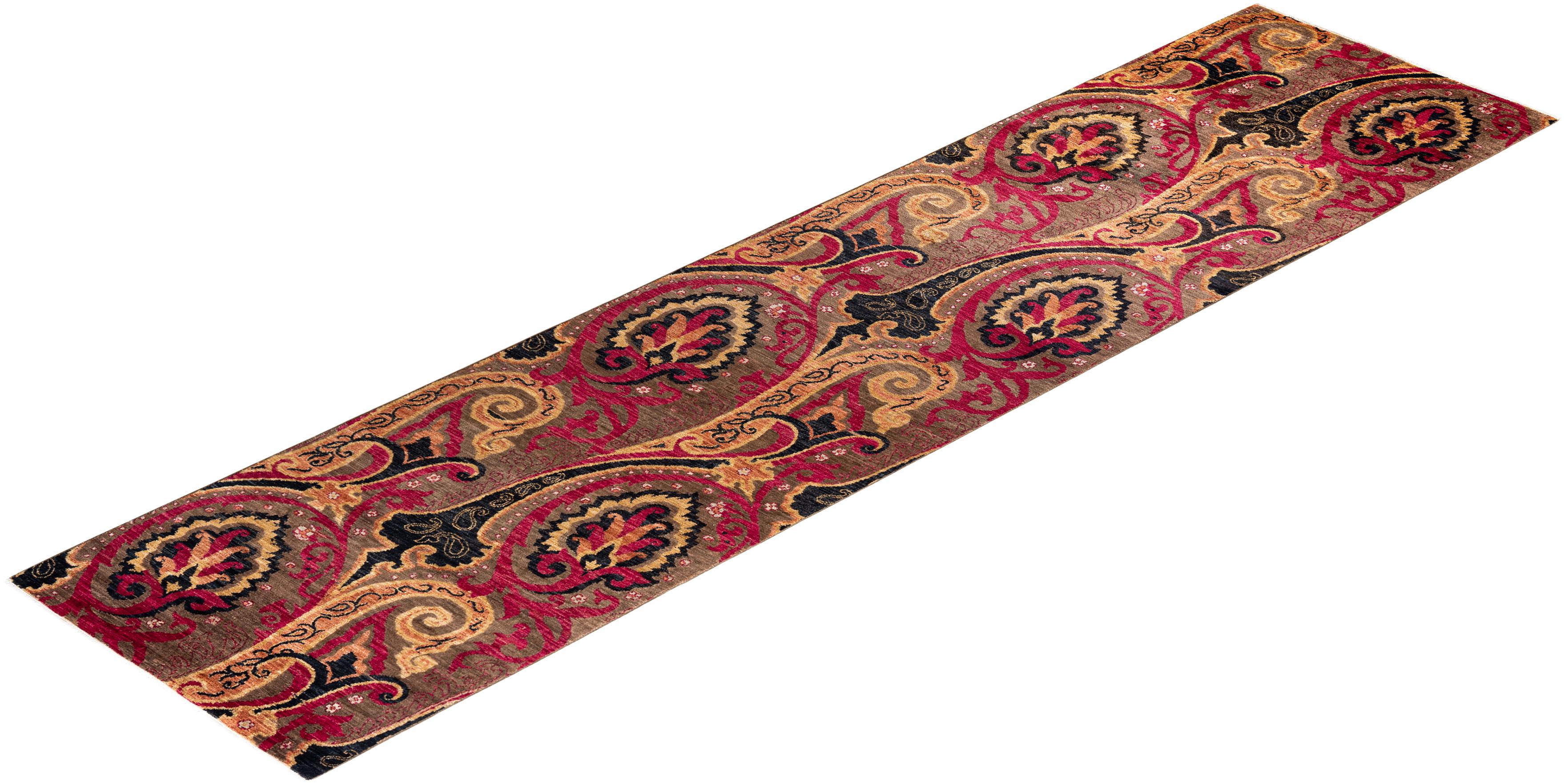 Contemporary Floral Hand Knotted Wool Brown Runner For Sale 4
