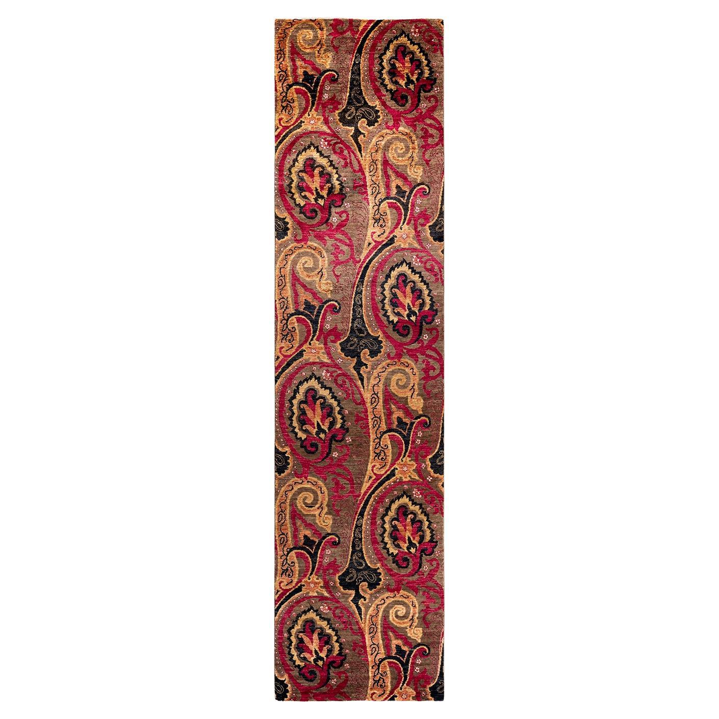 Contemporary Floral Hand Knotted Wool Brown Runner For Sale